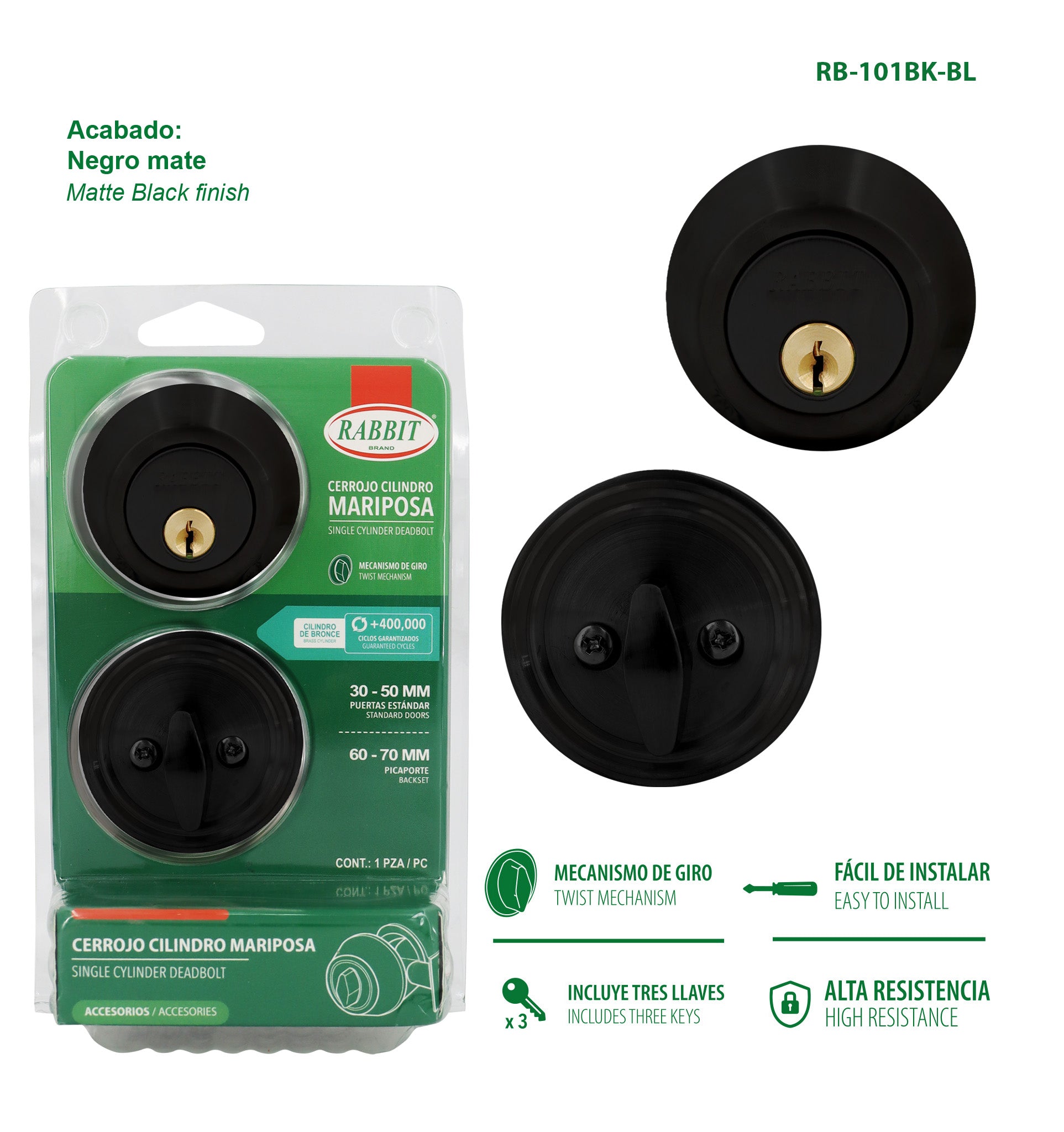 Cerrojo Mariposa Negro Mate 30–50 mm / 60-70 mm Rabbit / RB-101BK-BL