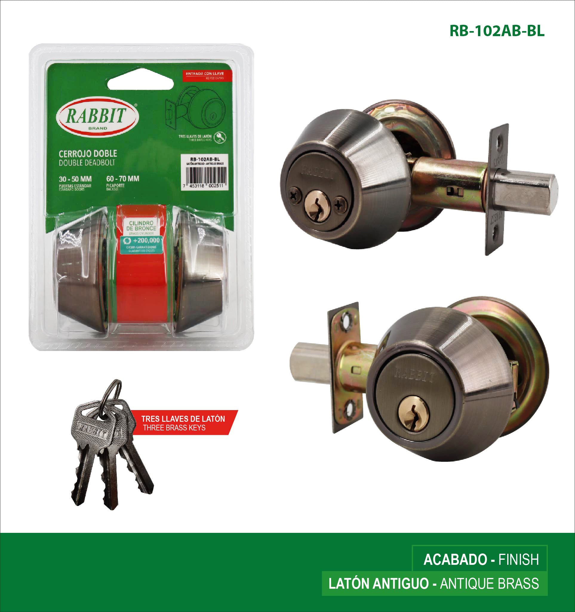 Double Deadbolt Antique Brass 30–50 mm / 60-70 mm Rabbit / RB-102AB-BL