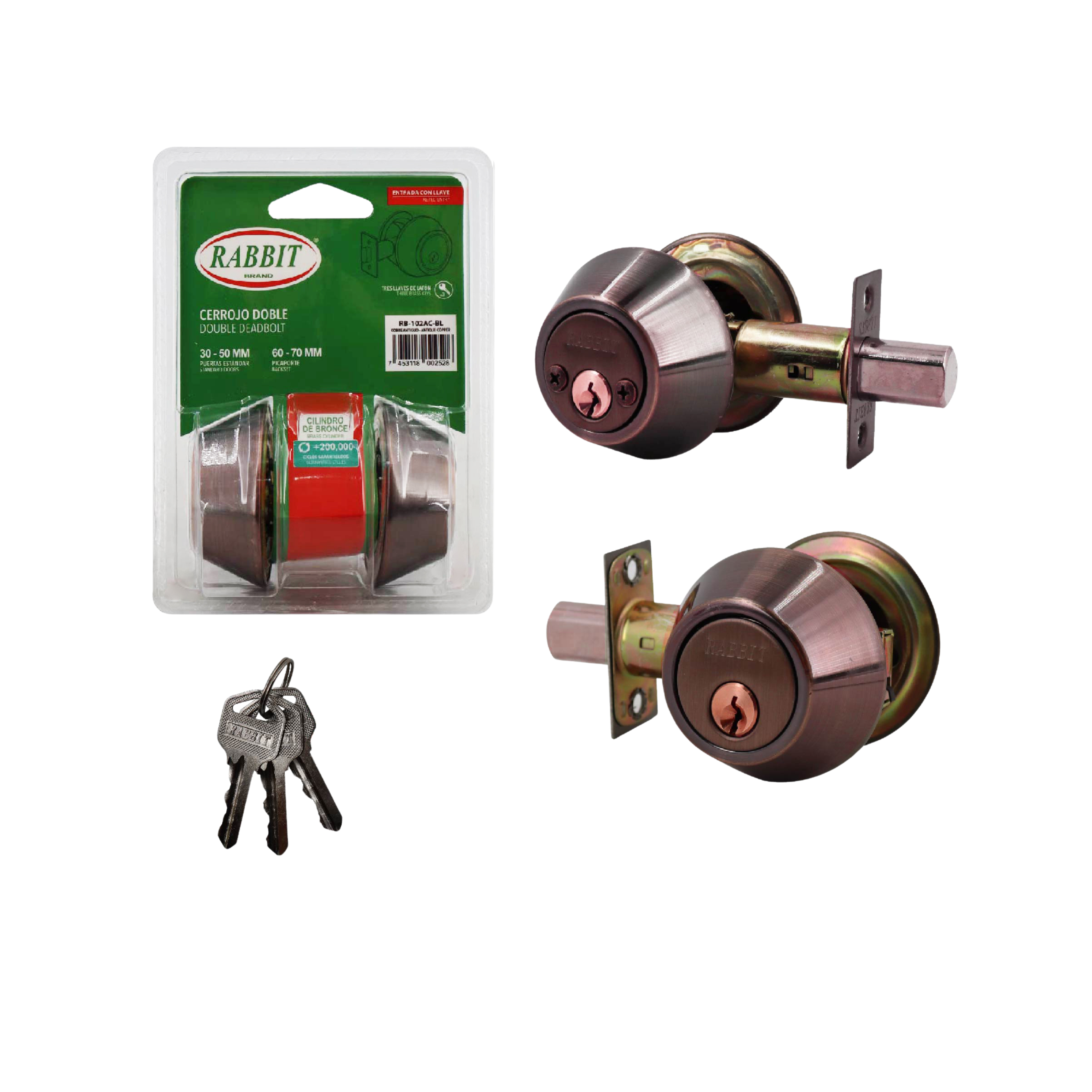Double Deadbolt Antique Copper 30–50 mm / 60-70 mm Rabbit / RB-102AC-BL