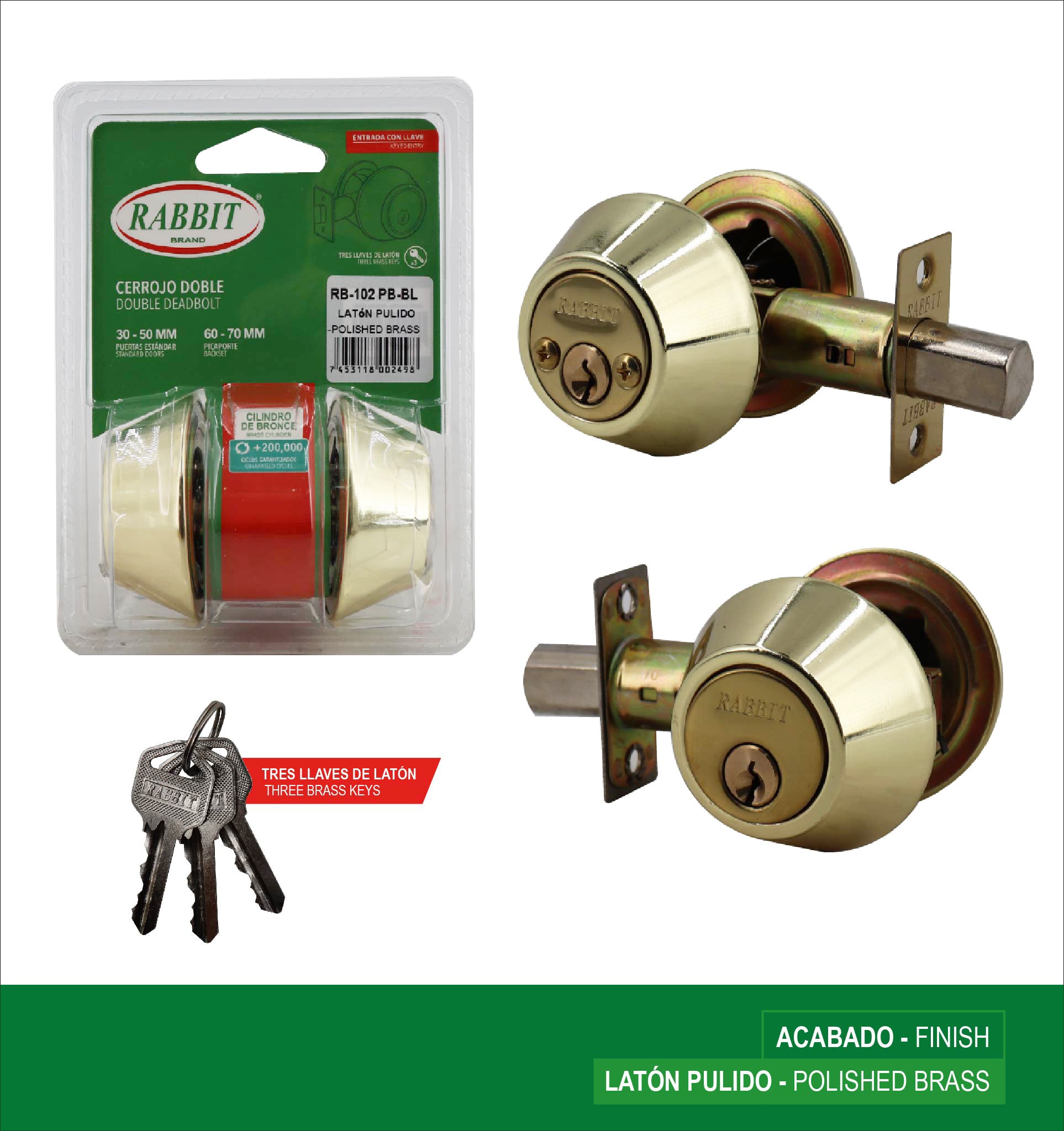 Double Deadbolt Polished Brass 30–50 mm / 60-70 mm Rabbit / RB-102PB-BL