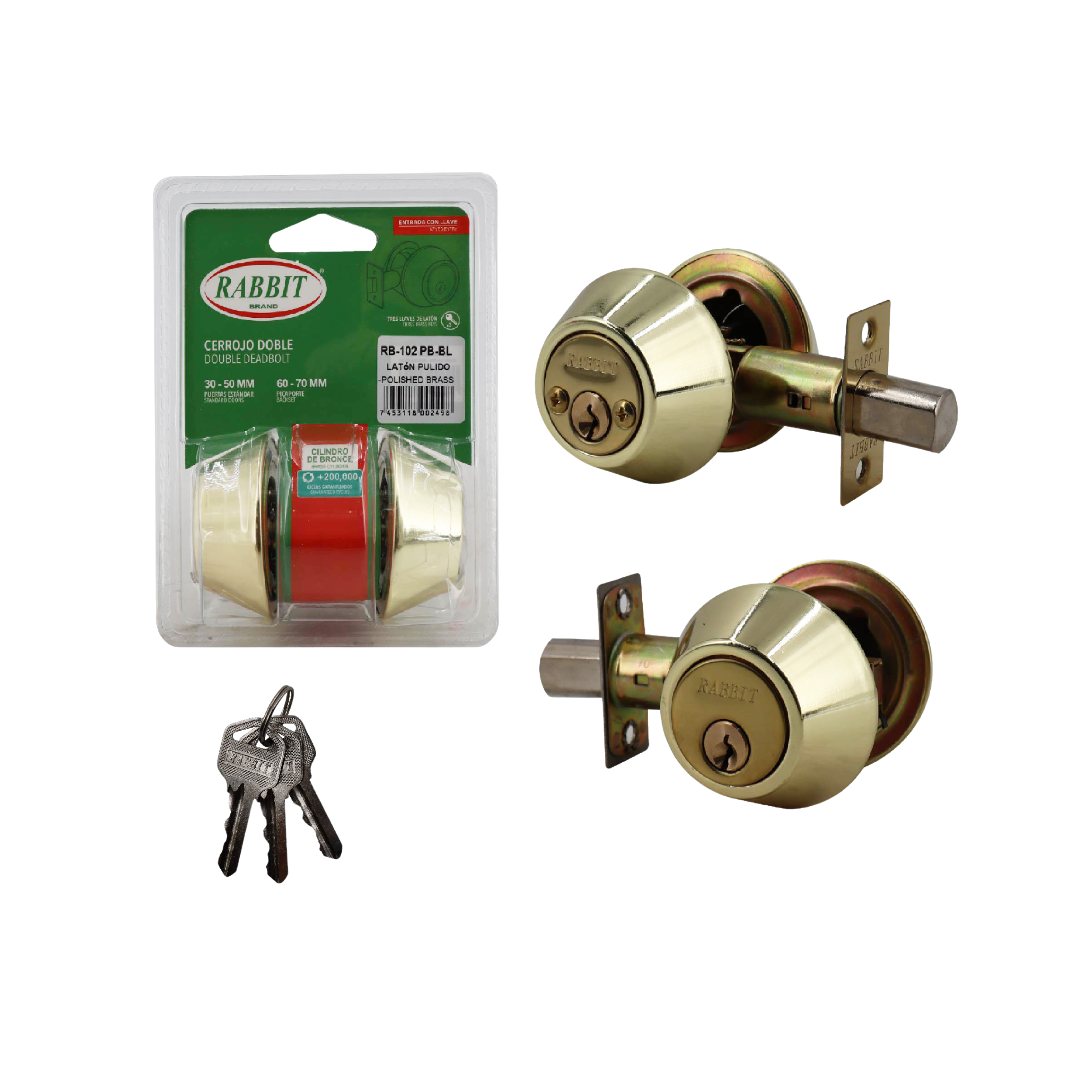 Double Deadbolt Polished Brass 30–50 mm / 60-70 mm Rabbit / RB-102PB-BL