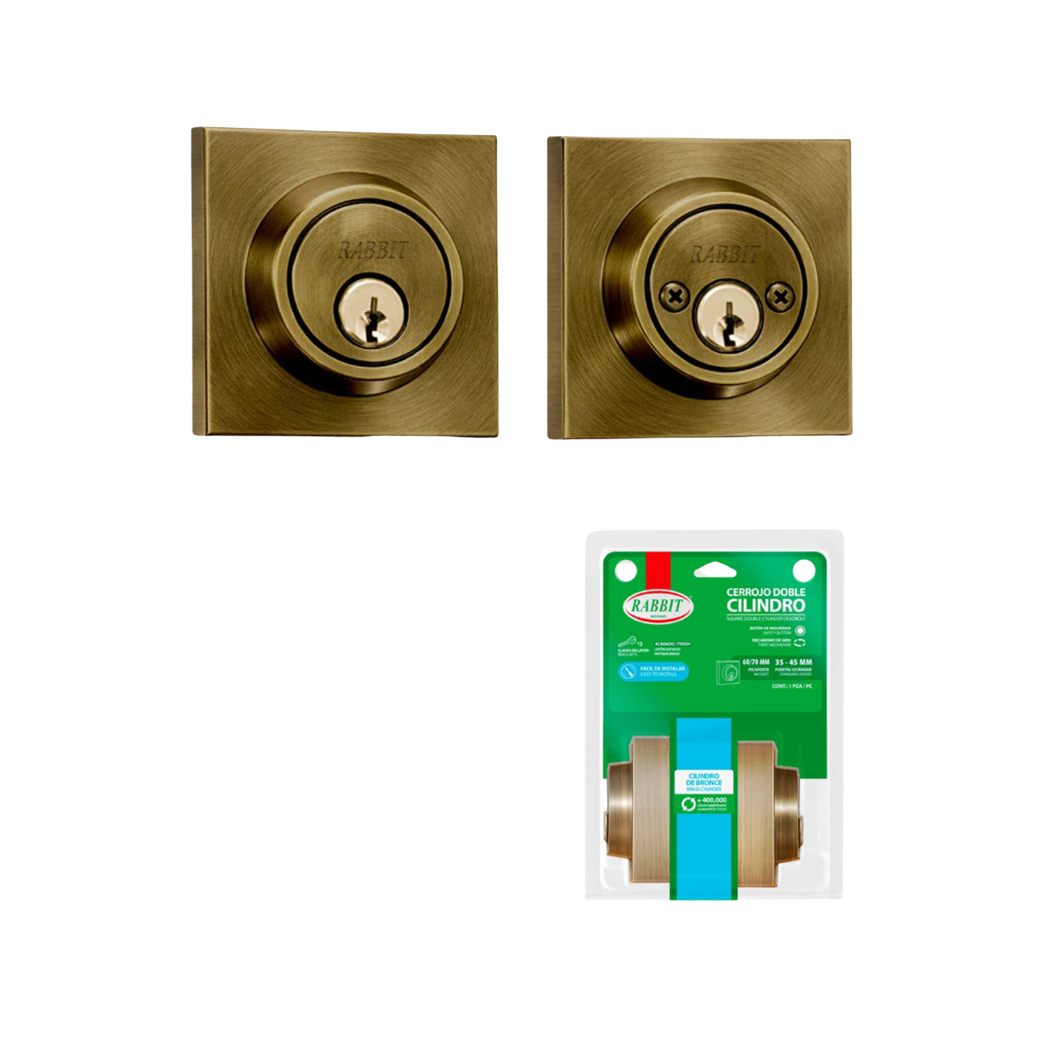 Double Cylinder Deadbolt Antique Brass Rabbit / RB-5502-AB-BL