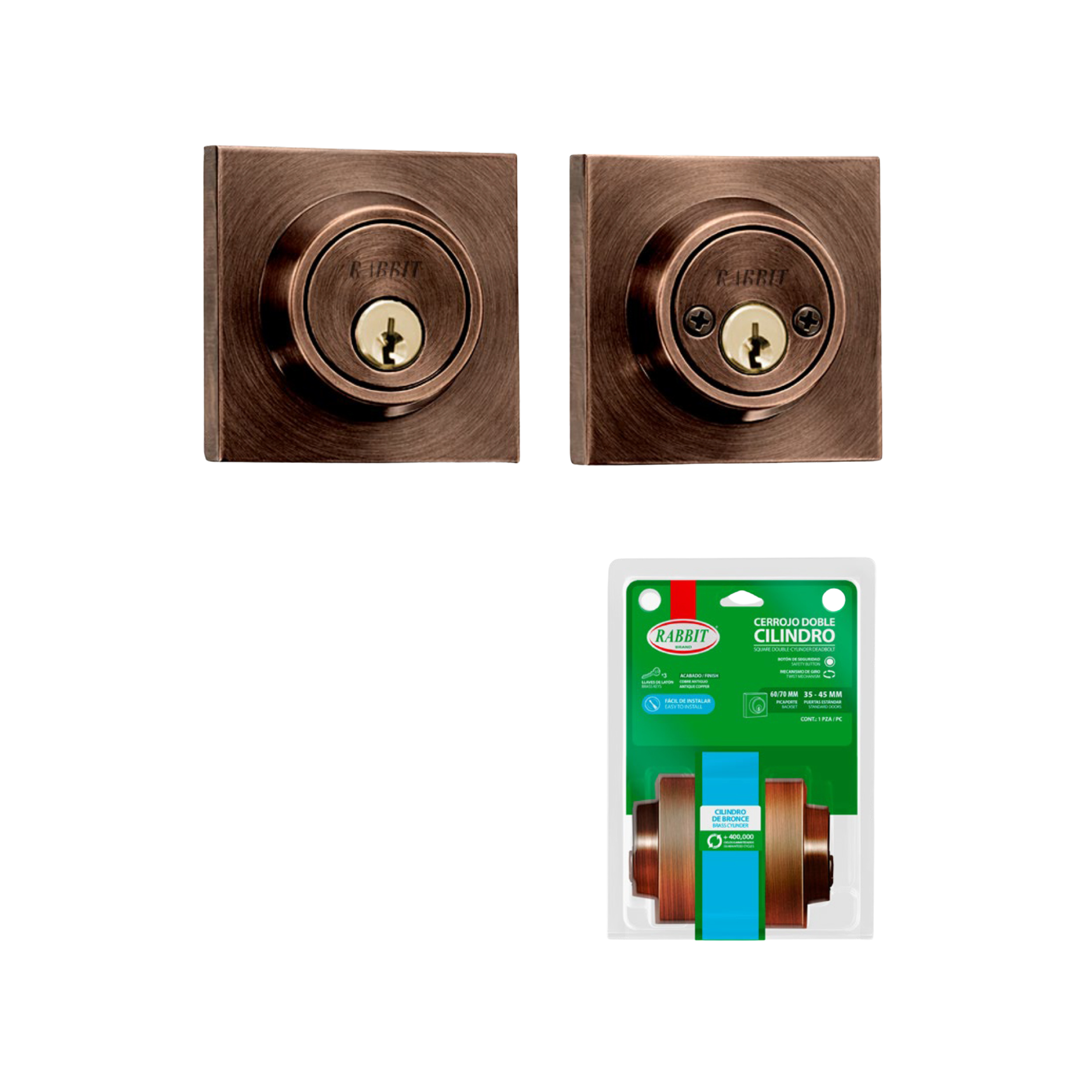 Double Cylinder Deadbolt Antique Copper Rabbit / RB-5502-AC-BL