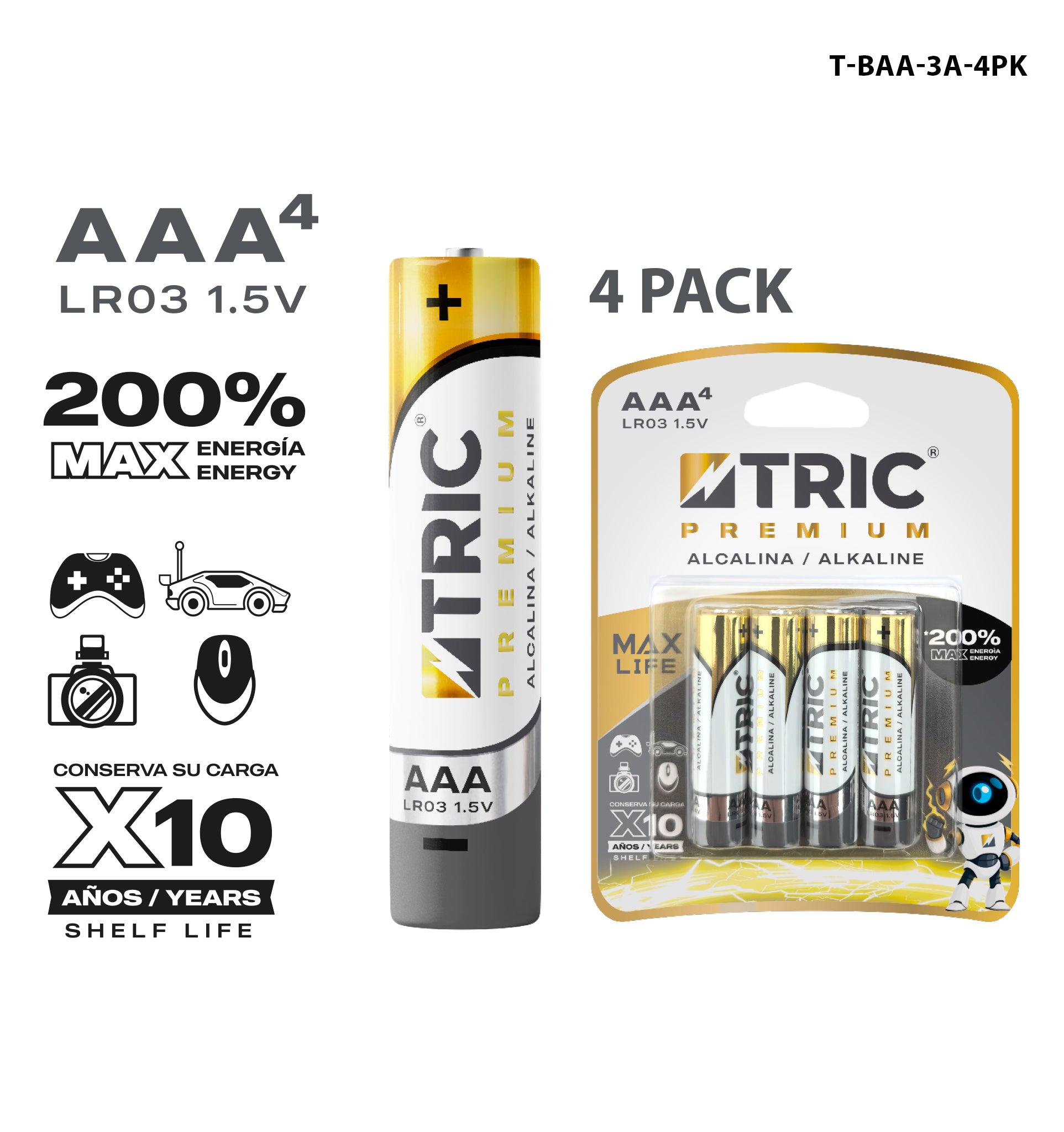 Batería Alcalina AAA LR03 1.5V TRIC / T-BAA-3A-4PK