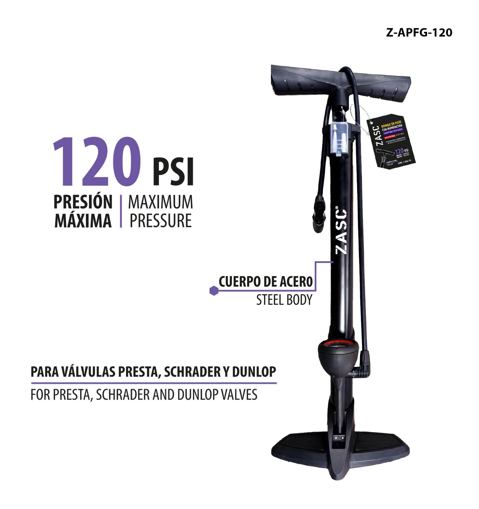 Bomba de Piso con Manómetro 120 PSI ZASC / Z-APFG-120