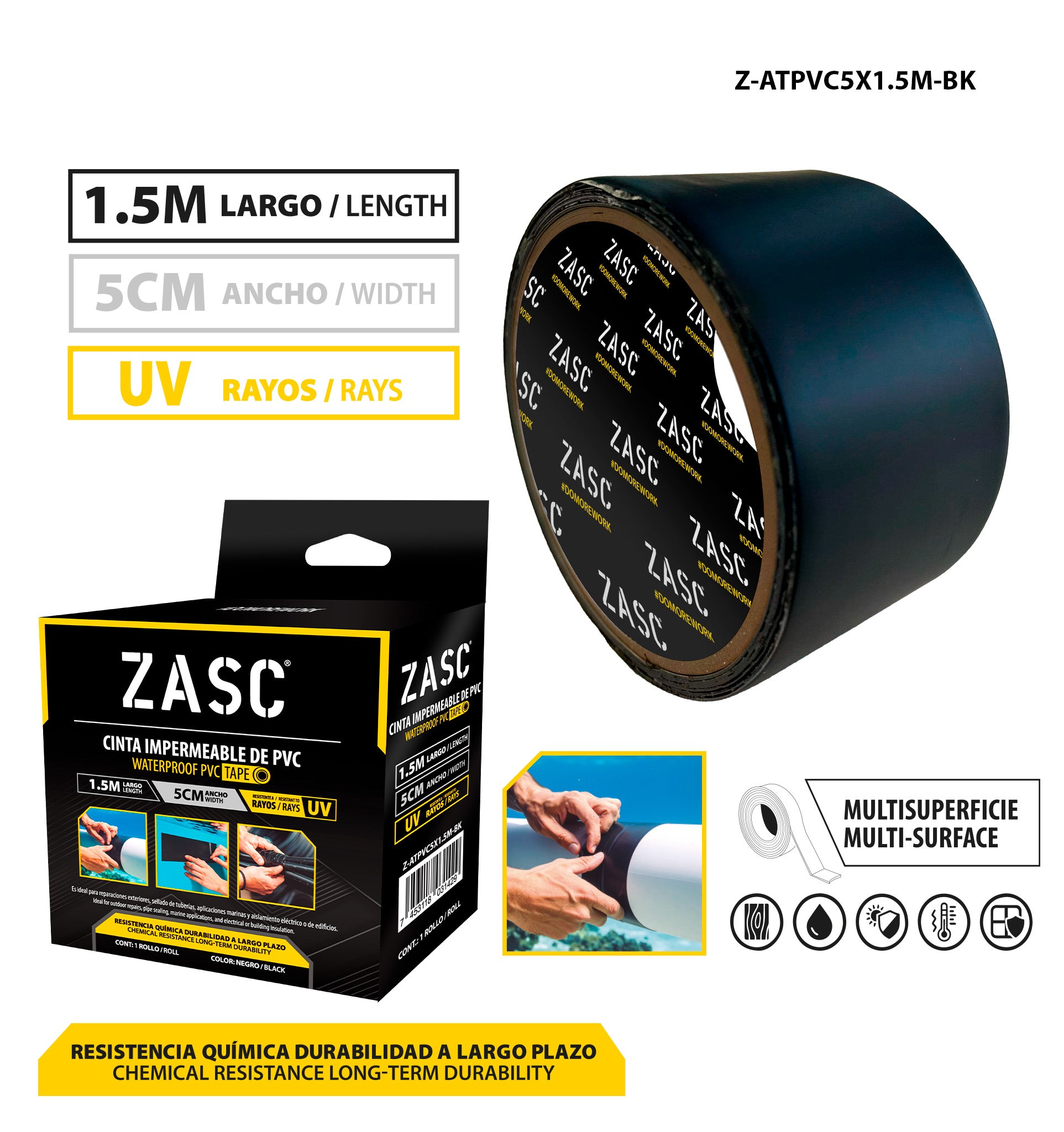 Ruban Imperméable en PVC ZASC / Z-ATPVC5X1.5M-BK