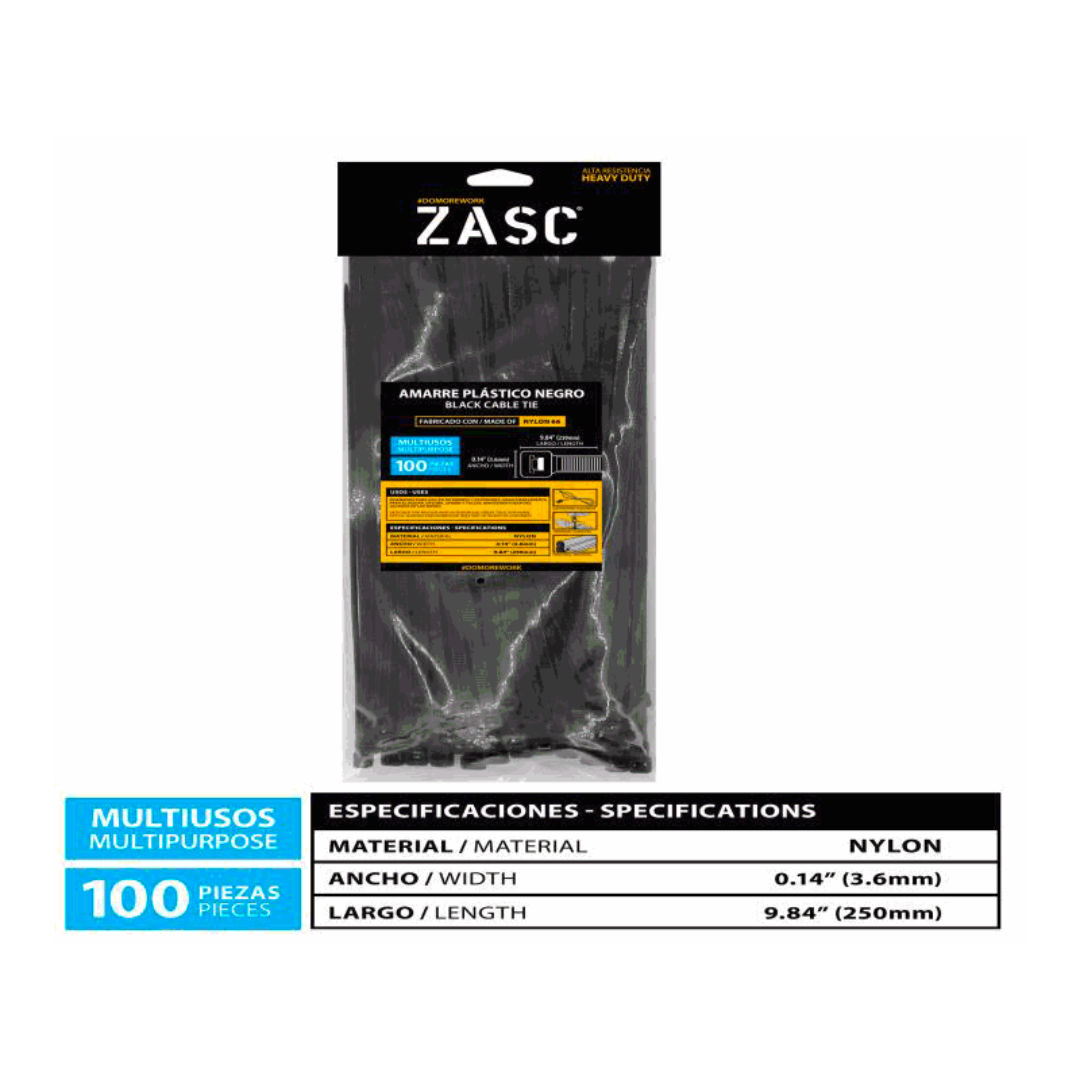 ZASC Black Cable Ties Nylon 3.6mm x 250mm (100pcs)