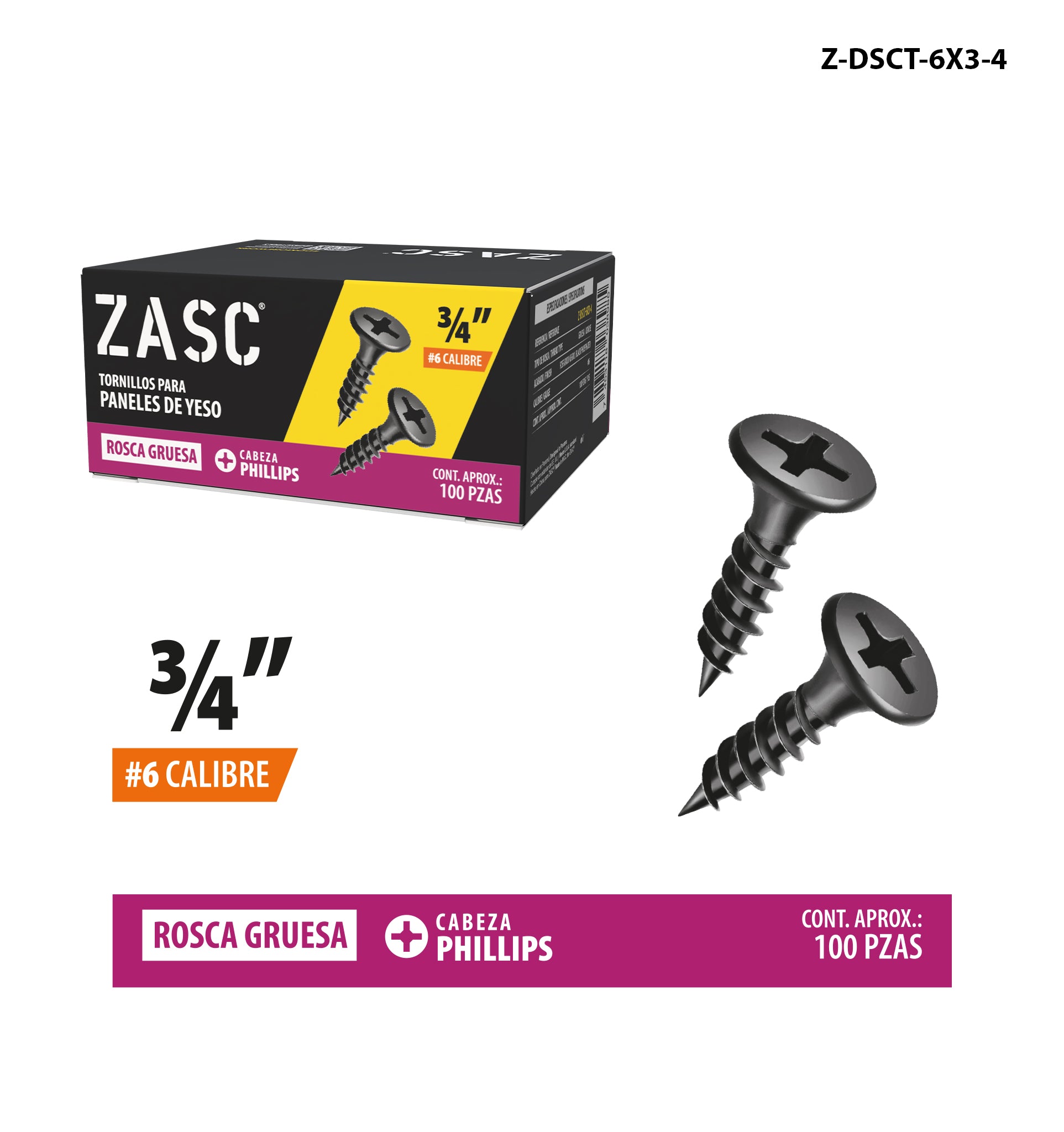 Tornillos para Drywall 3/4" Zasc / Z-DSCT-6X3-4