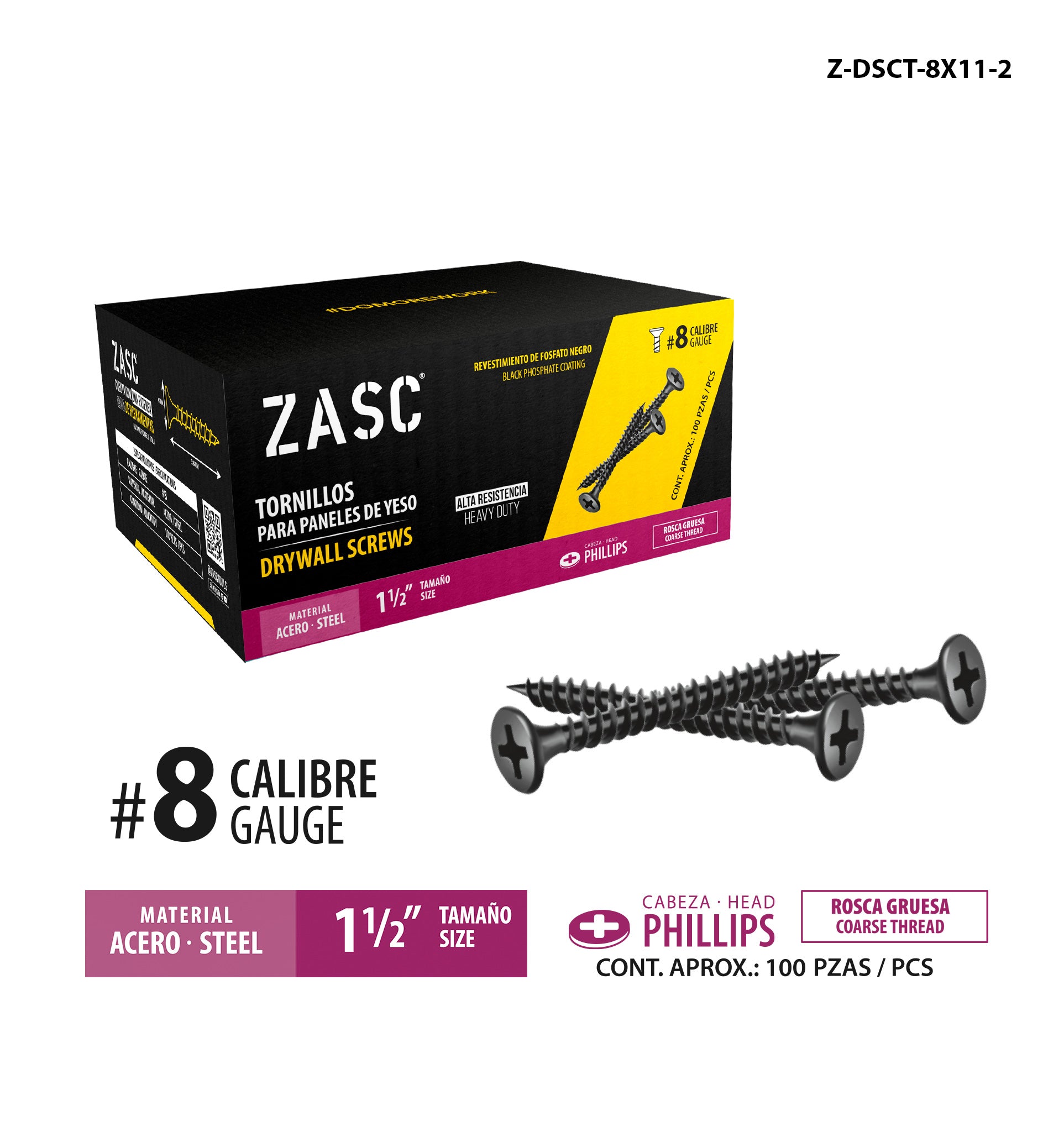 Tornillos p/Gypsum Rosca Gruesa 1 1/2" Zasc / Z-DSCT-8X11-2
