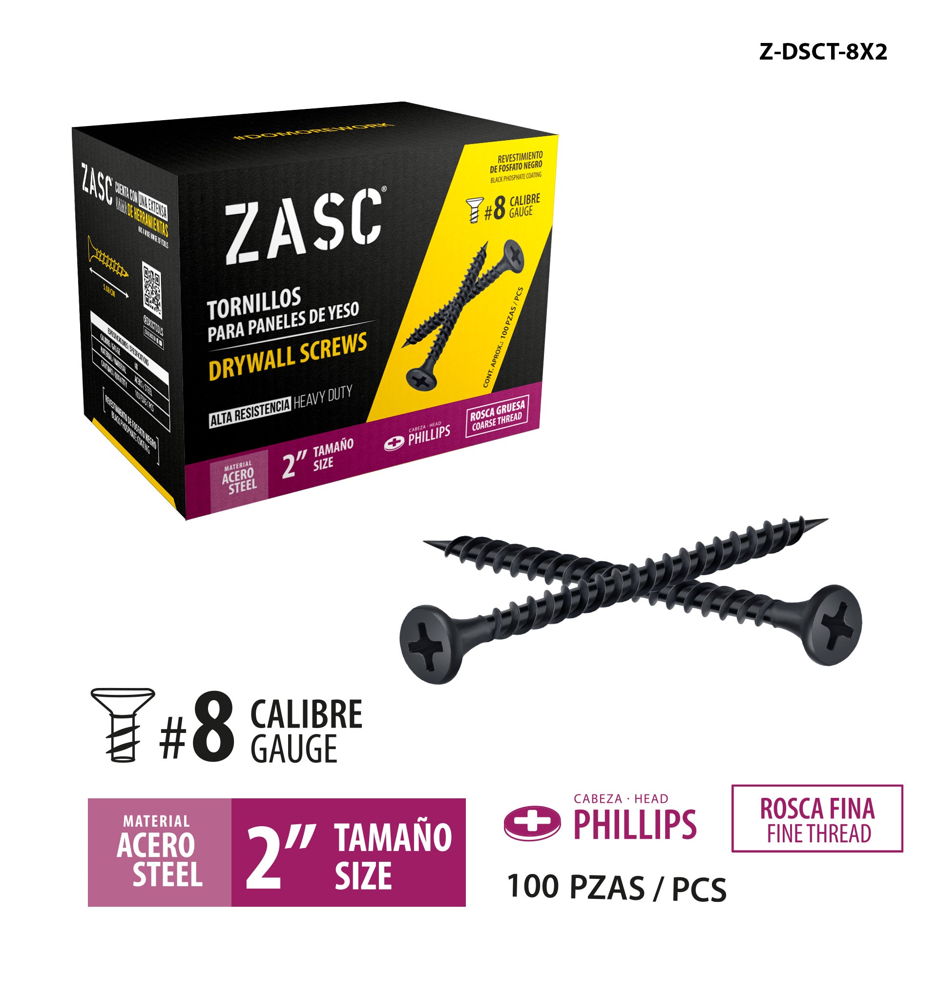 Tornillos p/Gypsum Rosca Gruesa 2" Zasc / Z-DSCT-8X2