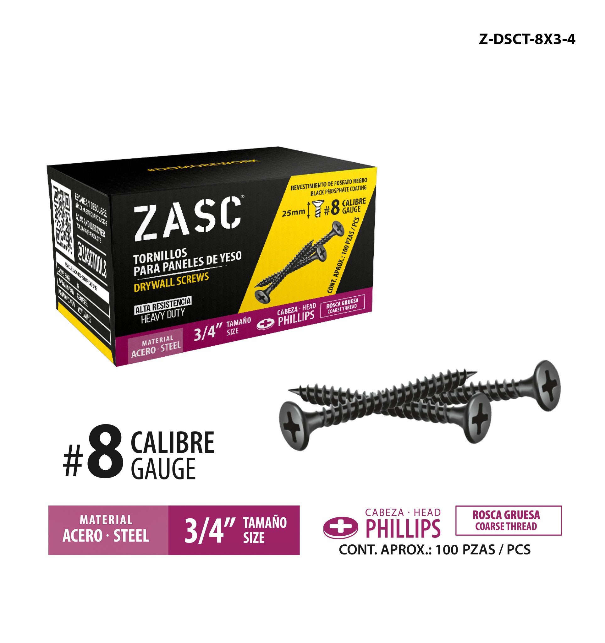 Tornillos p/Gypsum Rosca Gruesa 3/4" Zasc / Z-DSCT-8X3-4