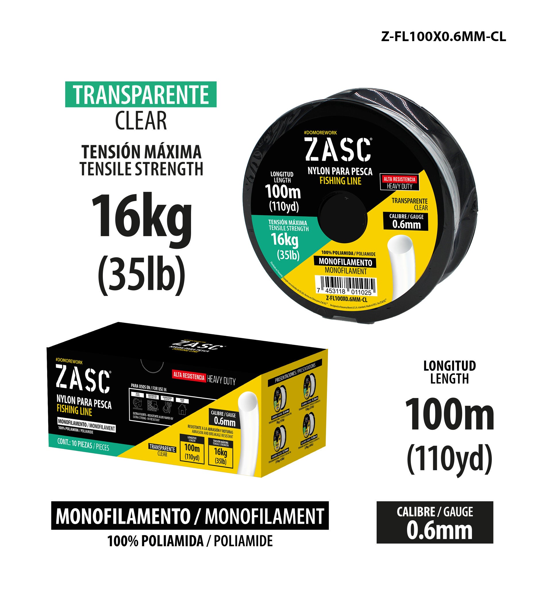 Hilo de Pesca 35lb Transparente ZASC / Z-FL100X0.6MM-CL