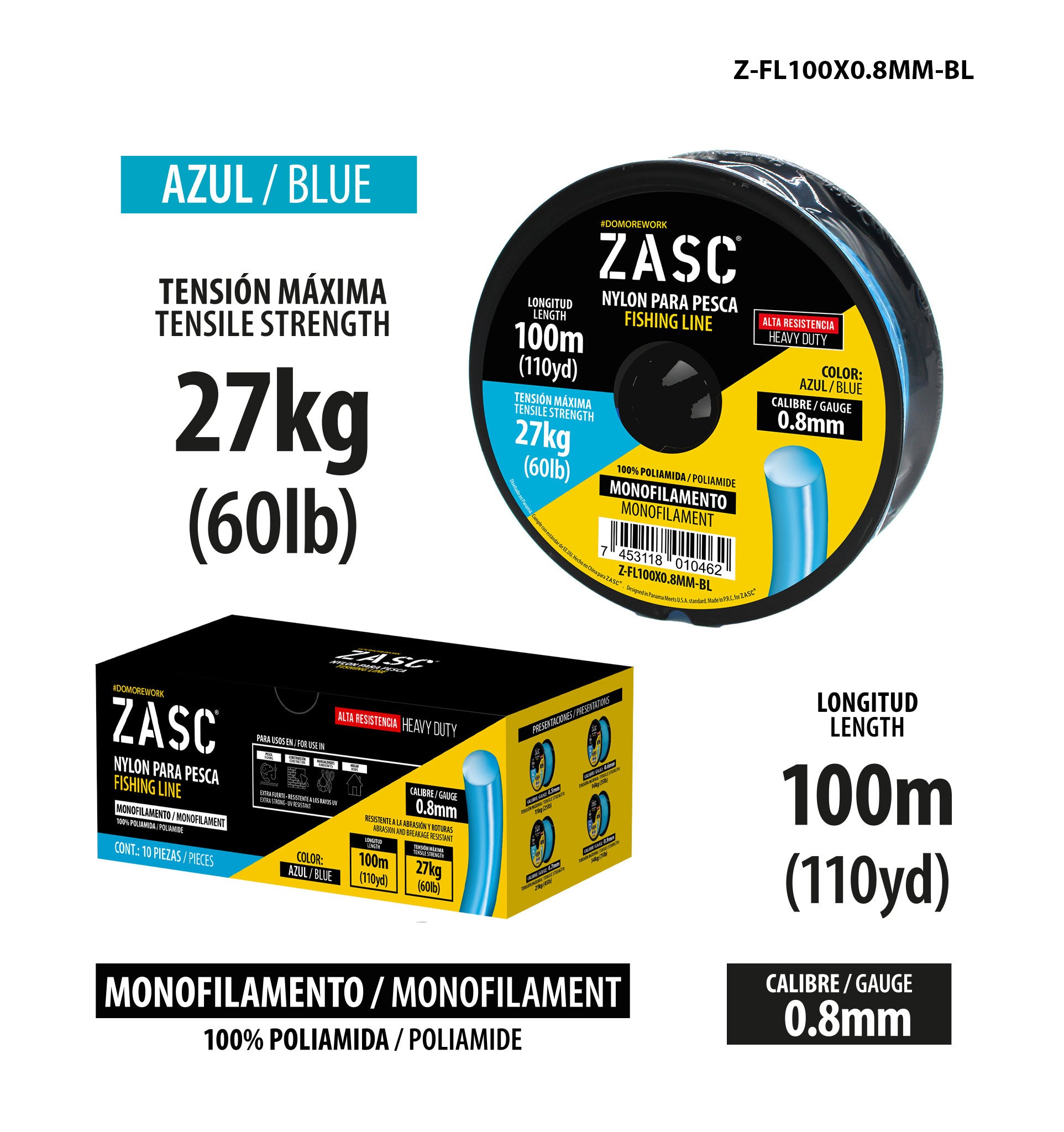 Hilo de Pesca 60lb Azul ZASC / Z-FL100X0.8MM-BL