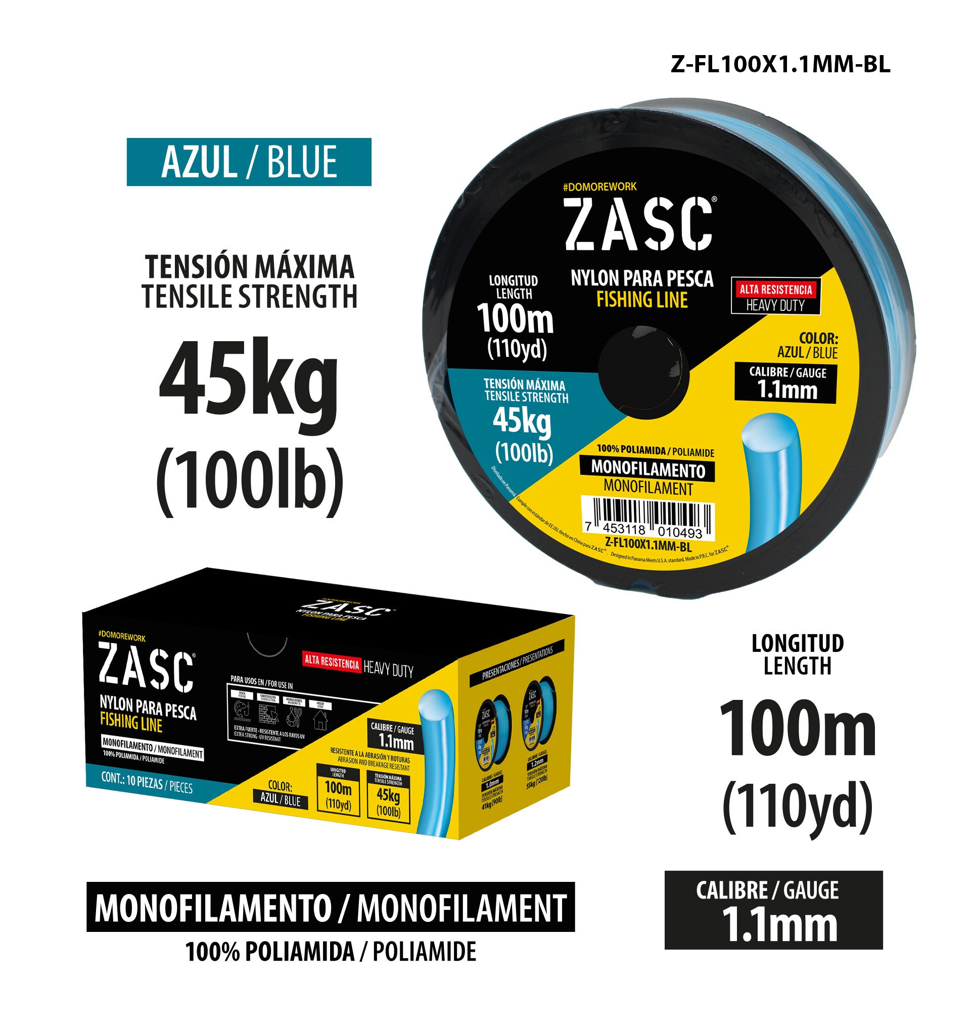 Hilo de Pesca 100lb Azul ZASC / Z-FL100X1.1MM-BL