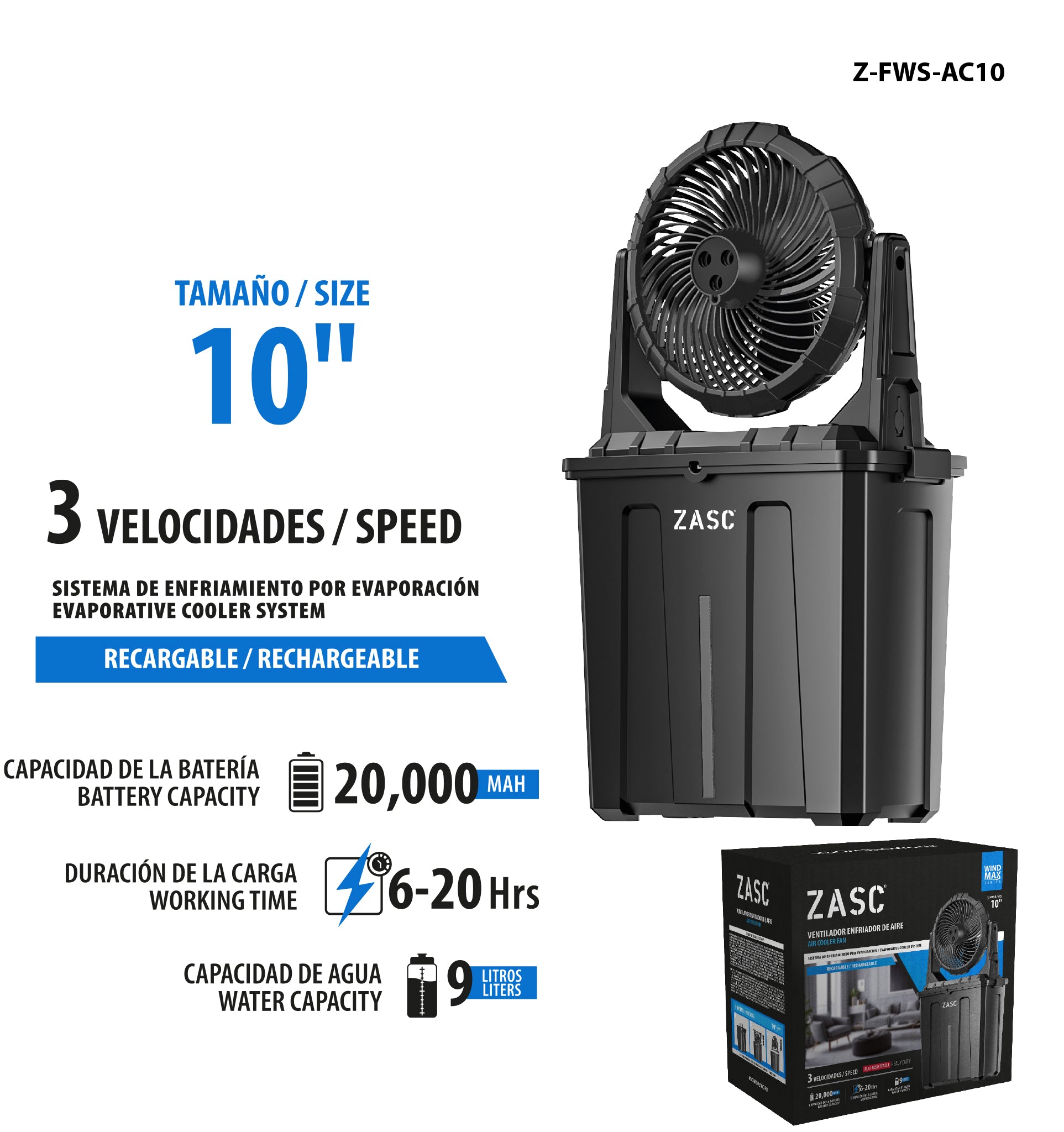 Rechargeable Cooling Fan 10" ZASC / Z-FWS-AC10