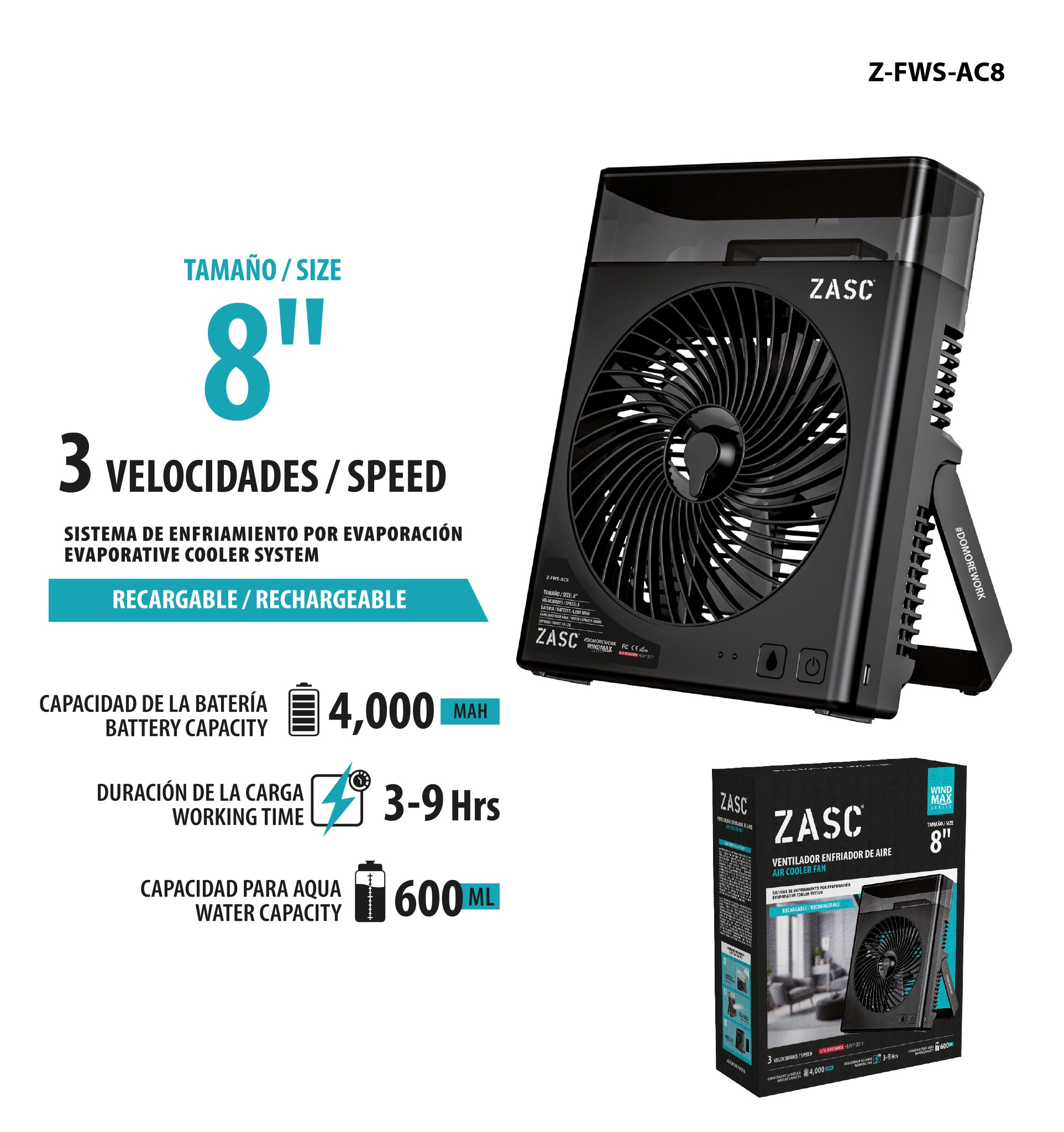 Ventilateur Refroidisseur 8" Rechargeable ZASC / Z-FWS-AC8