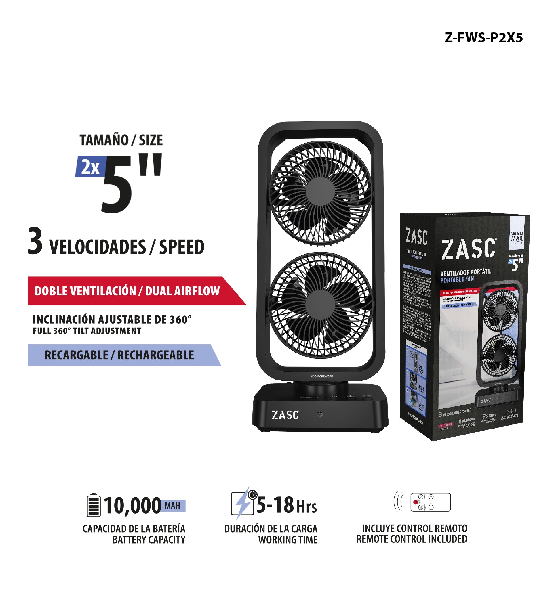 Ventilateur Double 2x5" Rechargeable ZASC / Z-FWS-P2X5