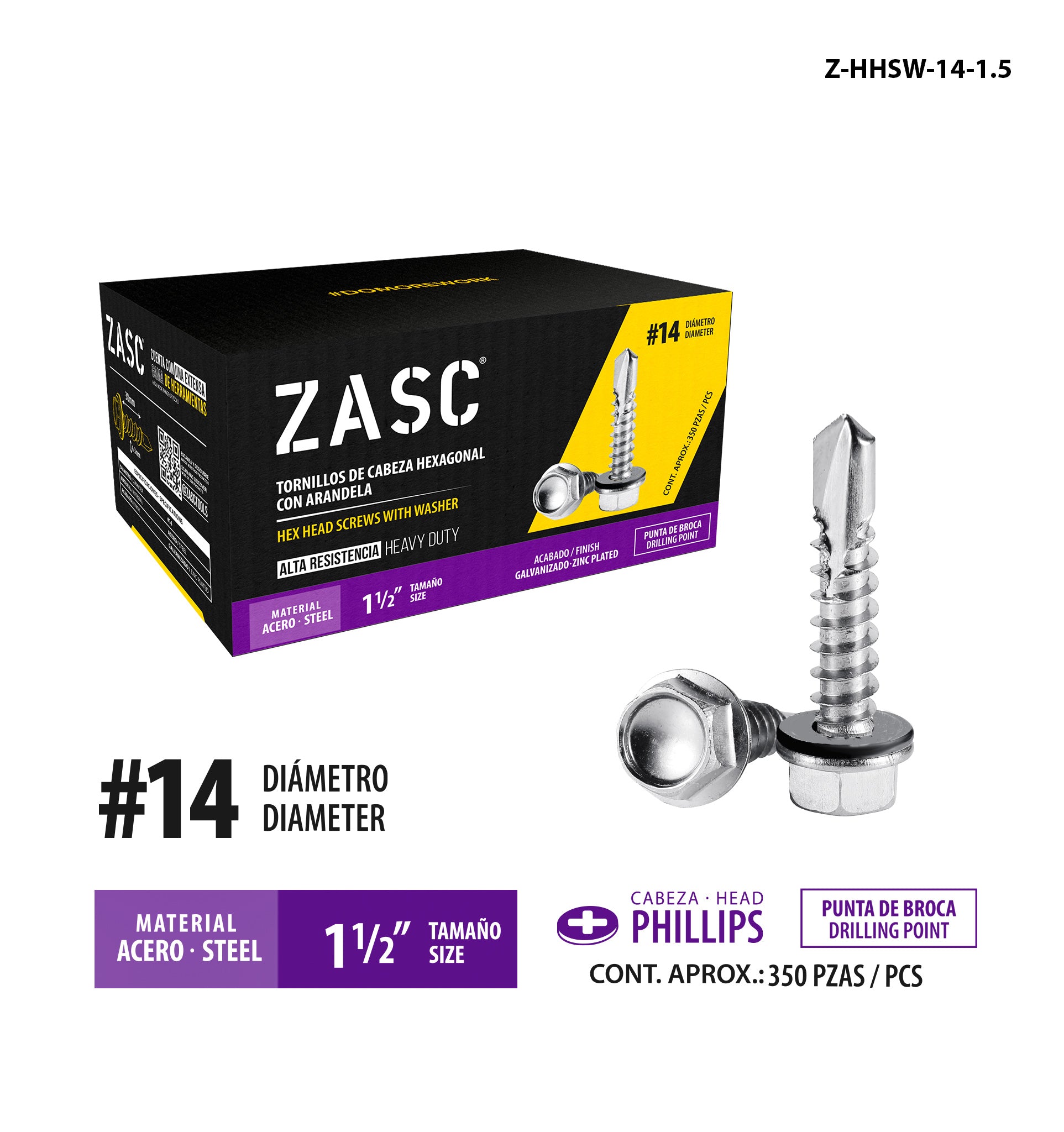Vis à Tête Hexagonale avec Rondelle 1 1/2" Zasc / Z-HHSW-14-1.5