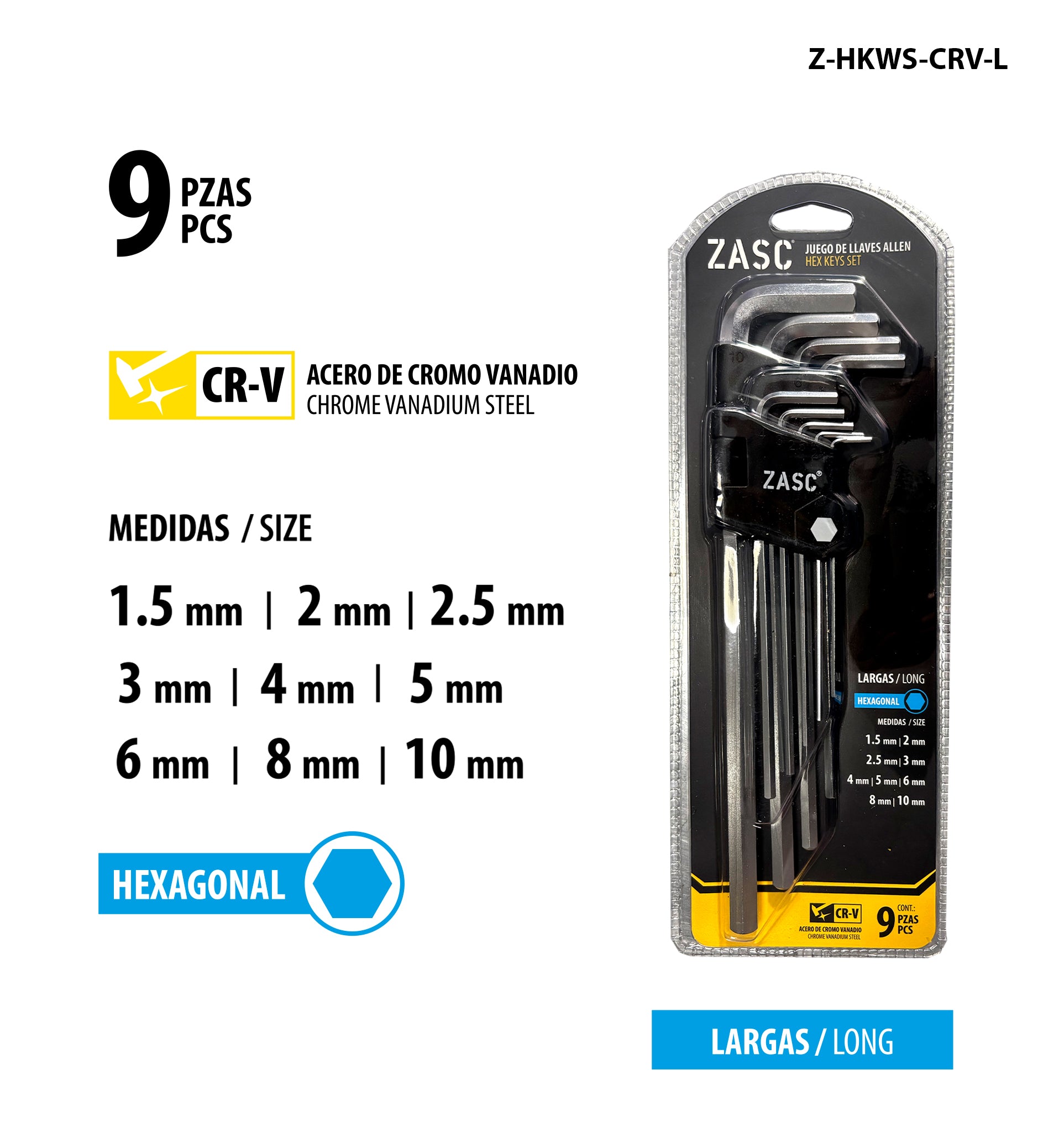 Jeu de Clés Allen Longues 9 pcs Zasc / Z-HKWS-CRV-L