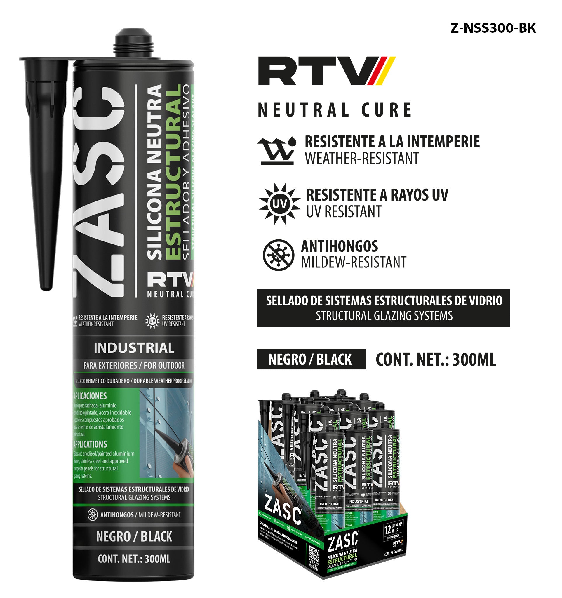 Silicona Neutra Estructural Negra 300 ml ZASC / Z-NSS300-BK