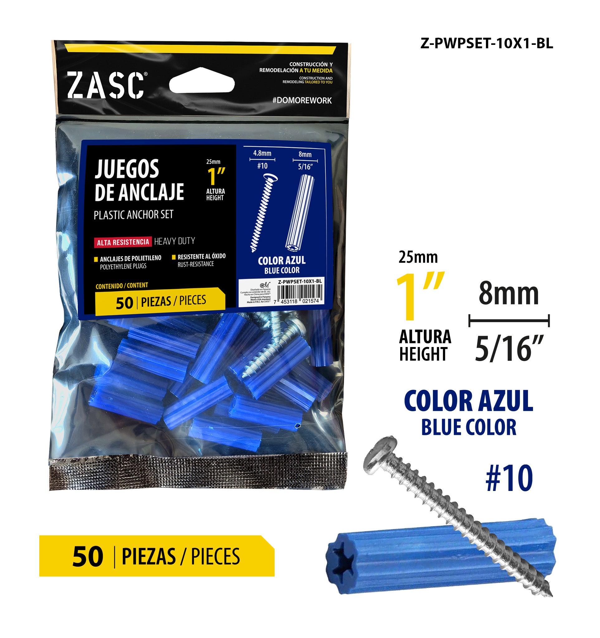 Juego de Anclaje Plástico Azul Zasc / Z-PWPSET-10X1-BL