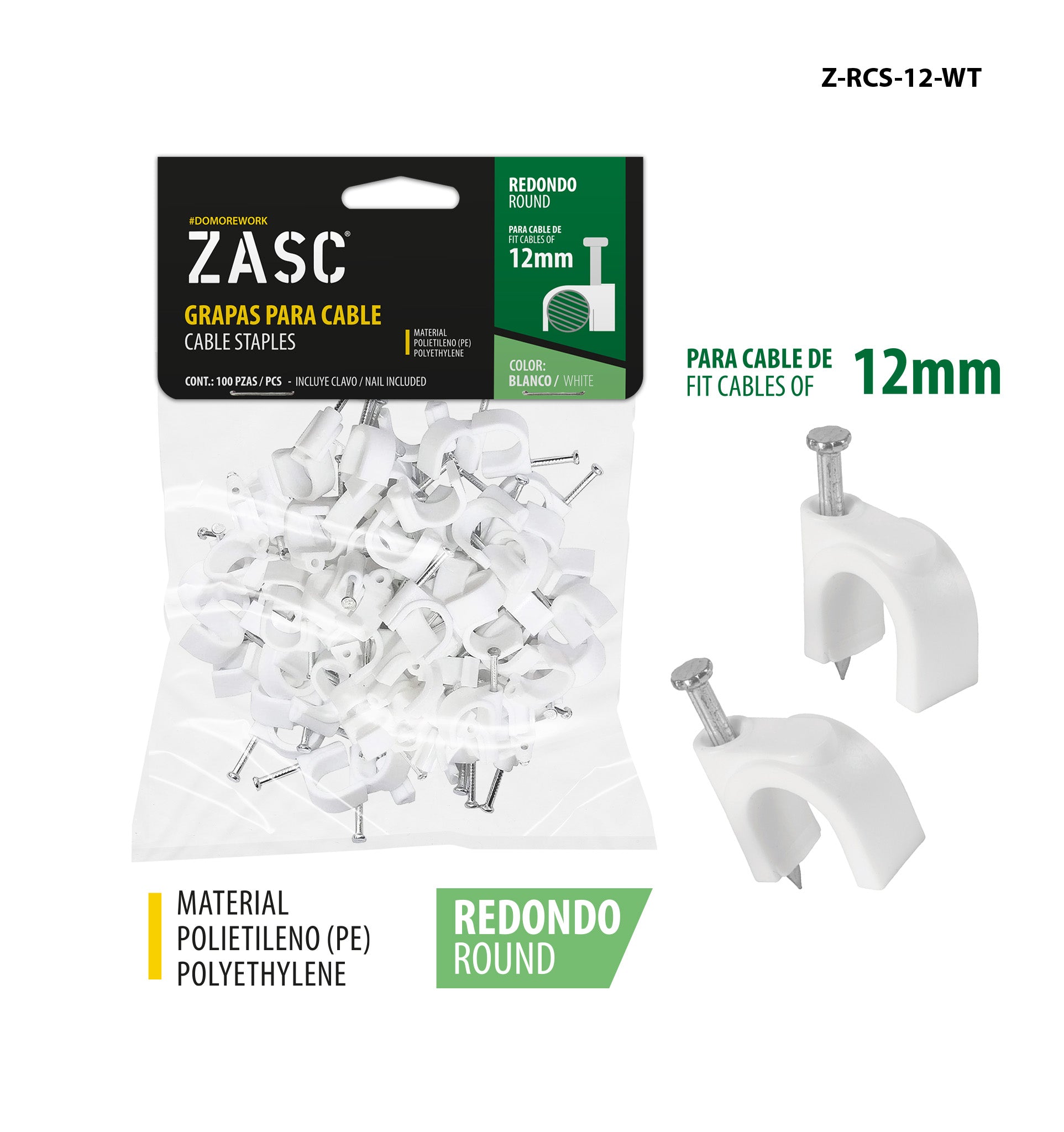 Grapas Cable Blanco 12mm ZASC / Z-RCS-12-WT