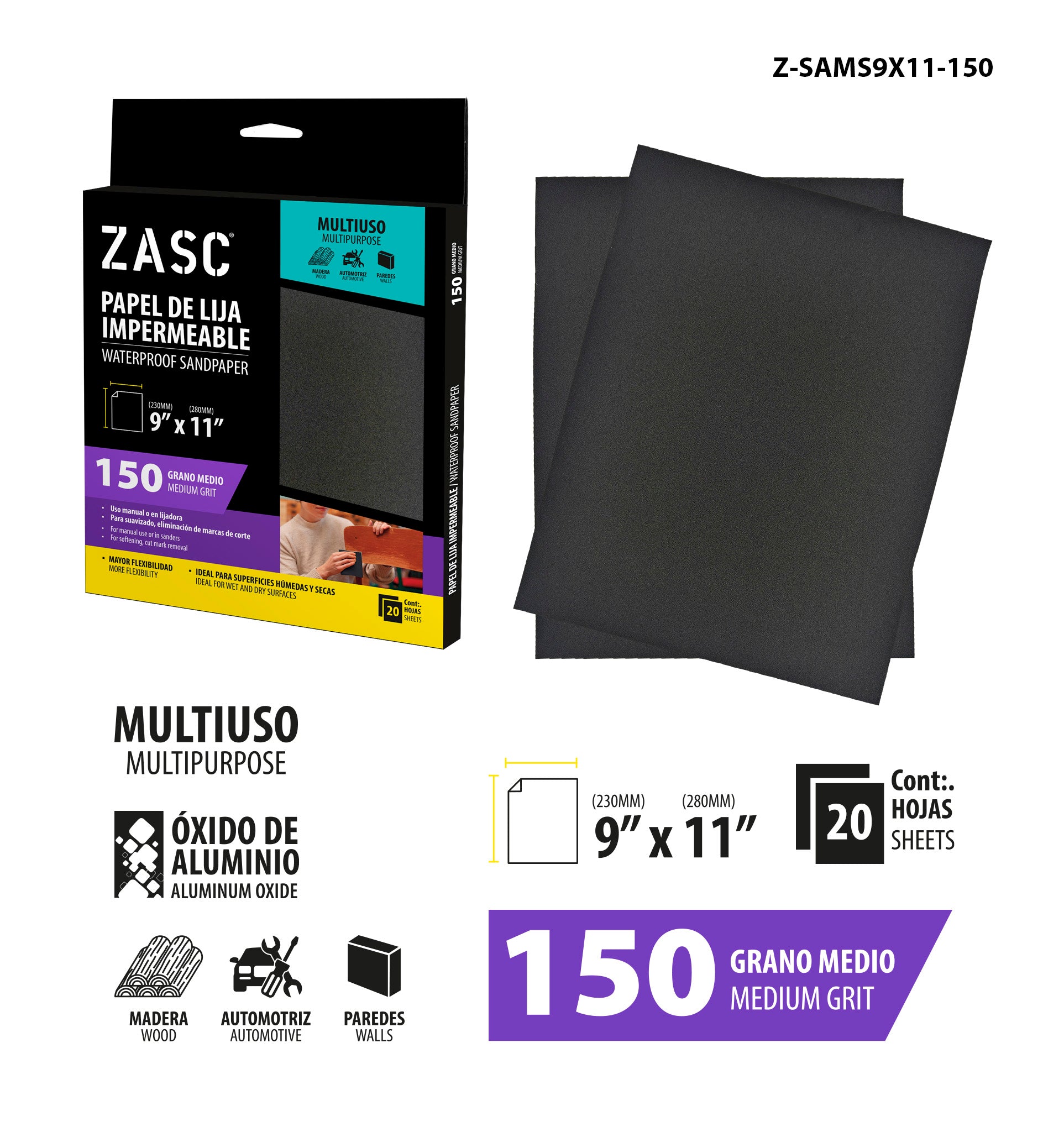 Papel Lija Impermeable 9x11 Grano 150 ZASC / Z-SAMS9X11-150