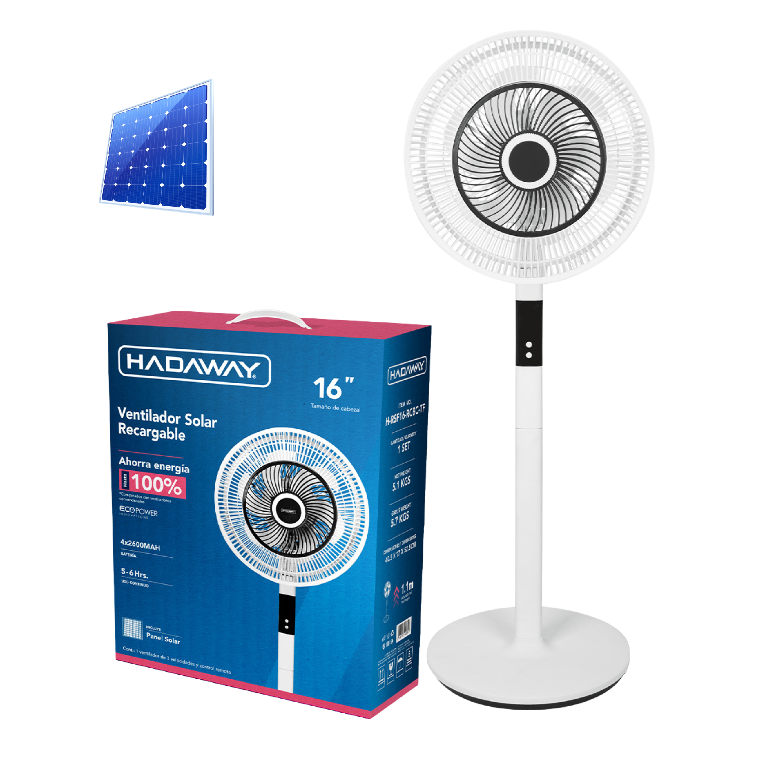 HADAWAY Abanico Recargable de 16" con Panel Solar