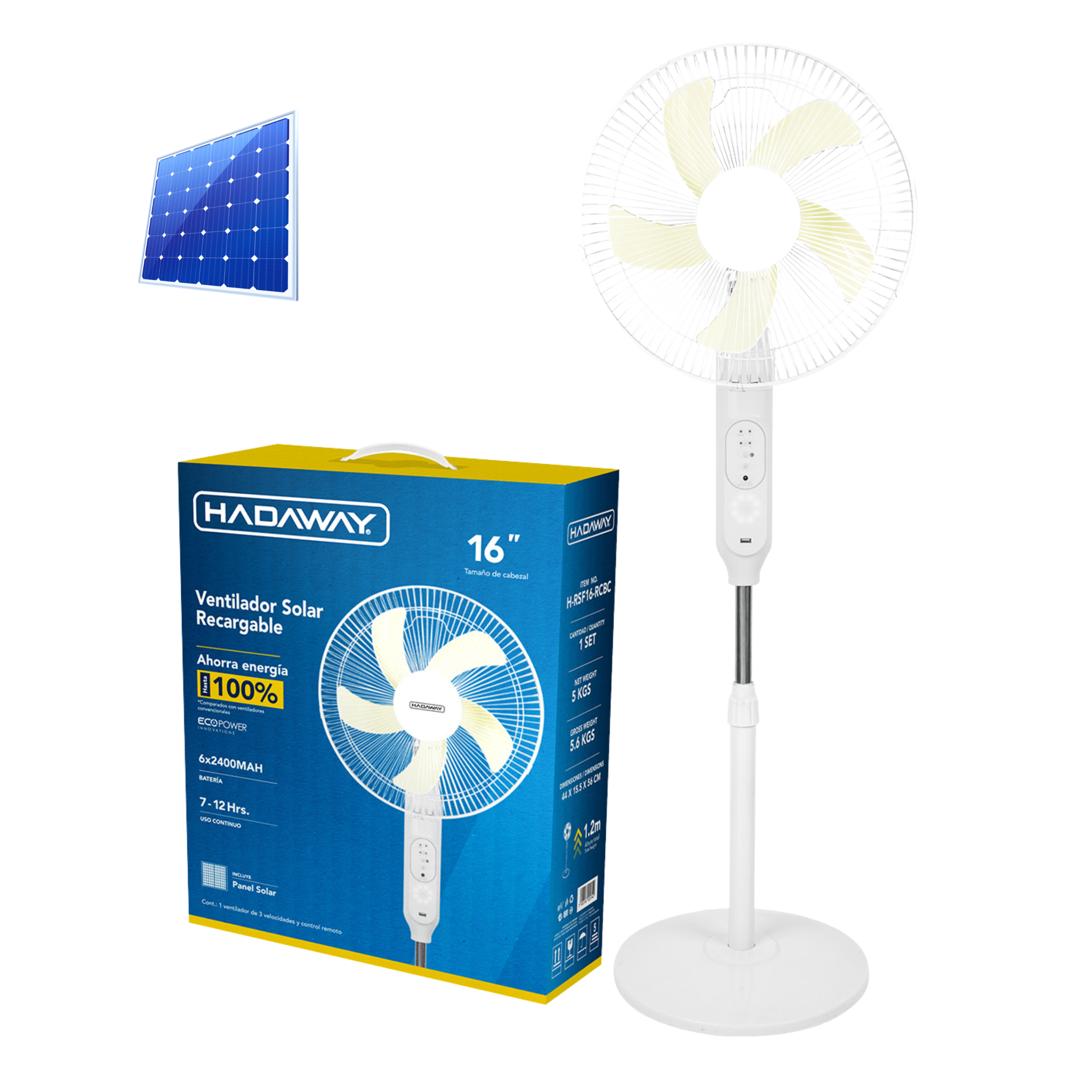 HADAWAY Abanico Recargable de 16" con Panel Solar – Blanco Alto