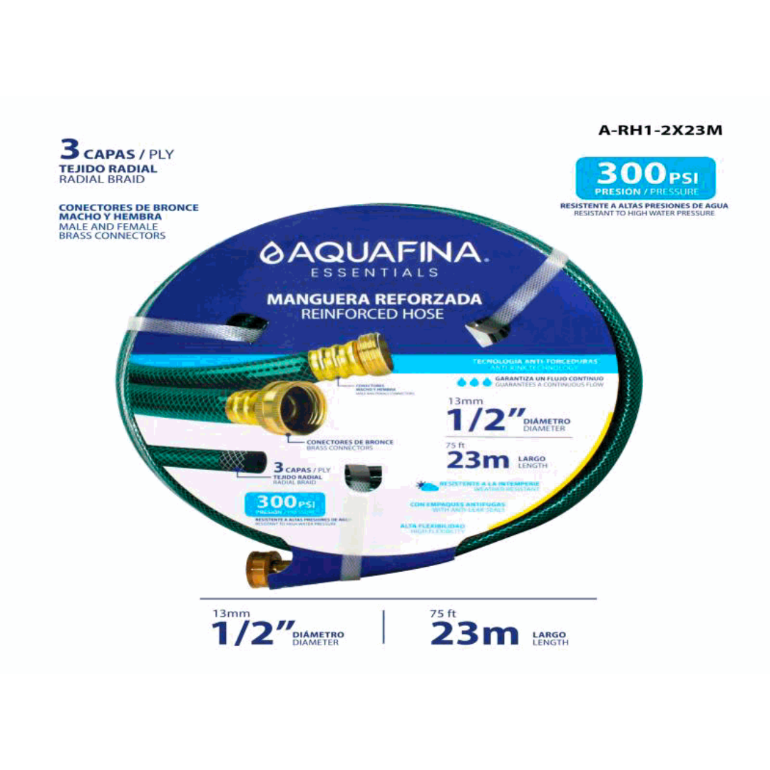 AQUAFINA Reinforced Hose 1/2" x 75ft – 300 PSI, Brass Connectors