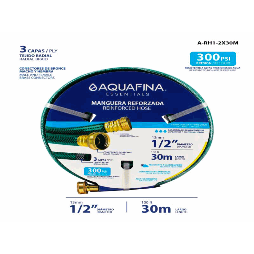 AQUAFINA Reinforced Hose 1/2" x 100ft – 300 PSI, Brass Connectors