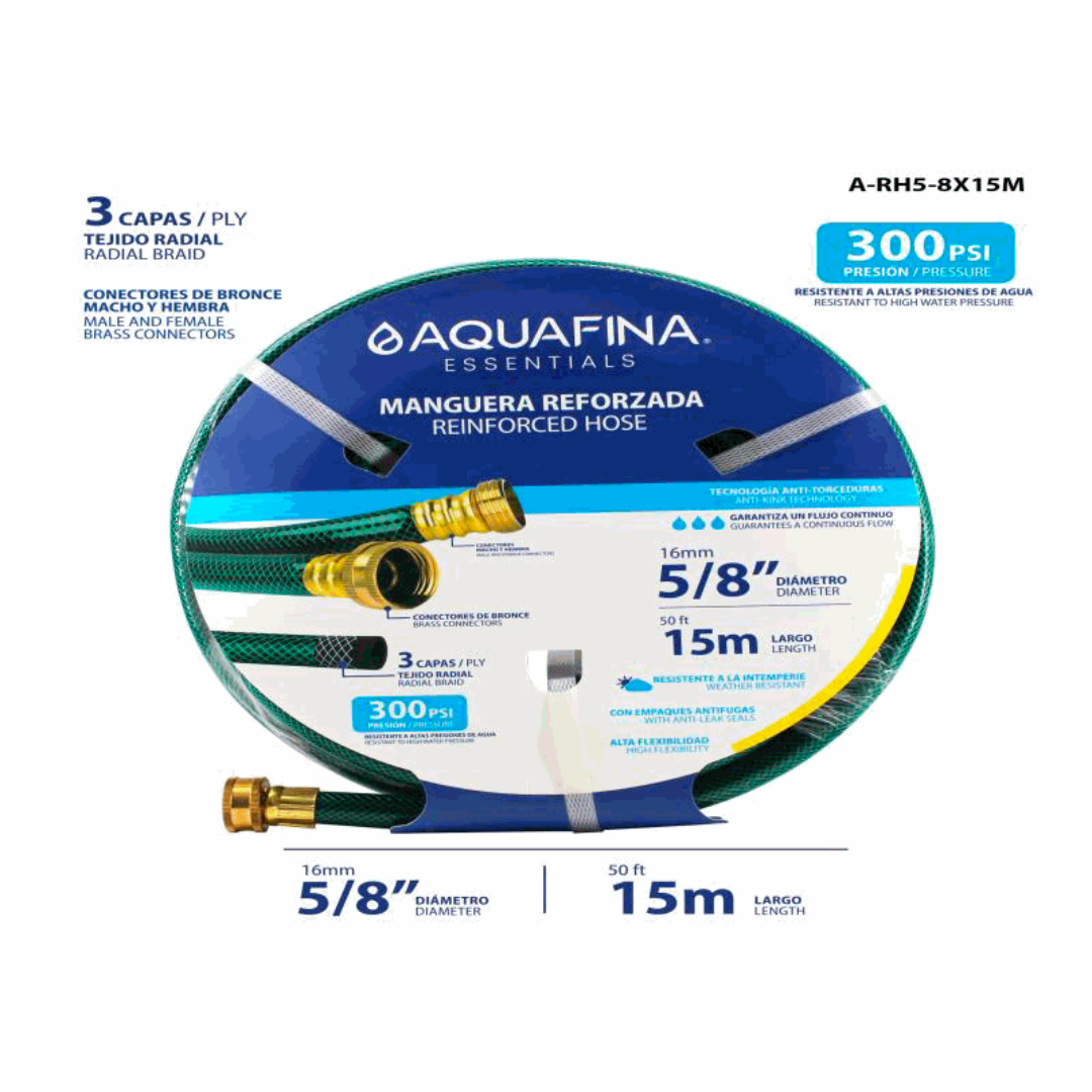 AQUAFINA Reinforced Hose 5/8" x 50ft – 300 PSI, Brass Connectors