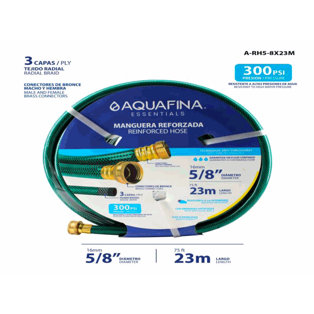 AQUAFINA Reinforced Hose 5/8" x 75ft – 300 PSI, Brass Connectors