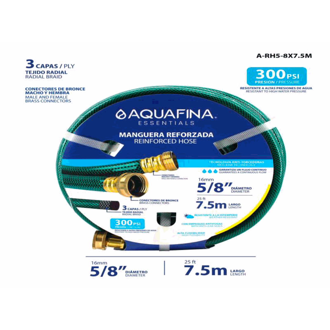 AQUAFINA Reinforced Hose 5/8" x 25ft – 300 PSI, Brass Connectors