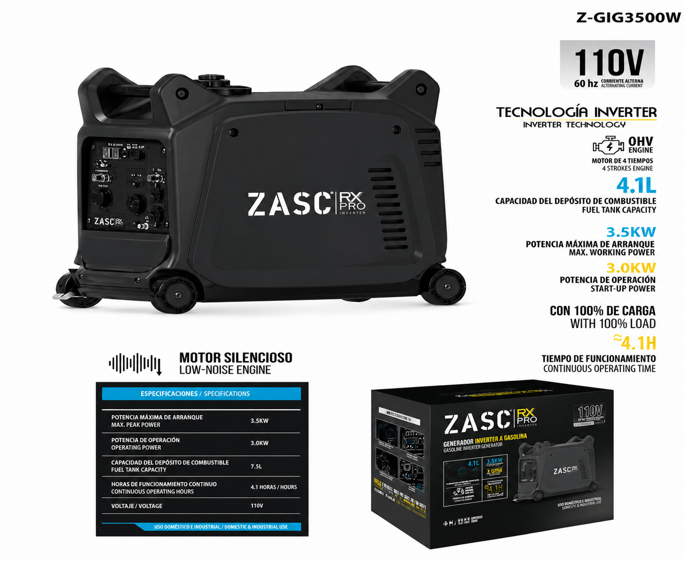 Generador Inversor a Gasolina 3500W 7.5L ZASC / Z-GIG3500W
