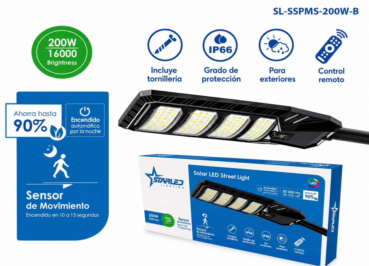 Lámpara LED Solar con Sensor de Movimiento 200W Starled / SL-SSPMS-200W-B