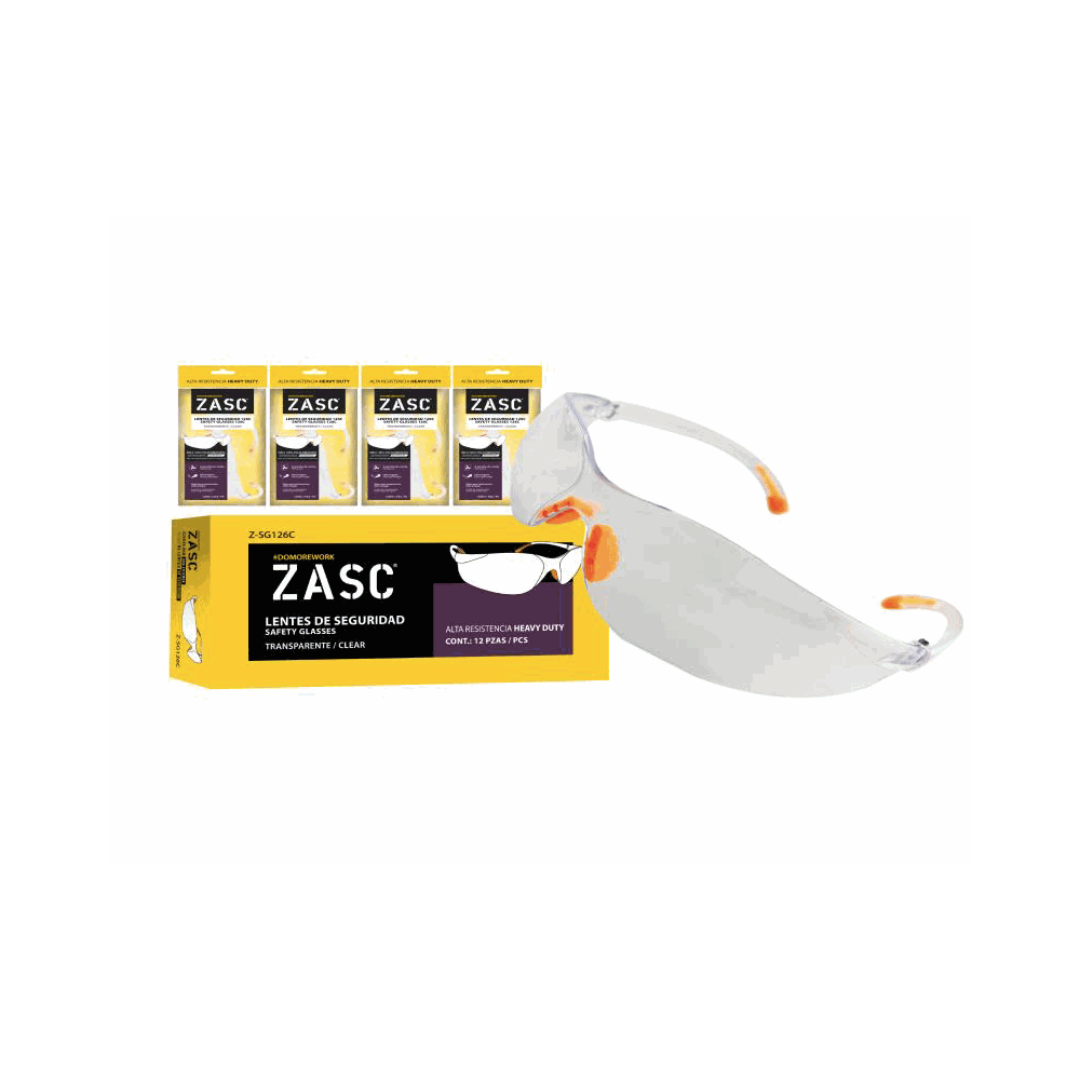 ZASC Heavy-Duty Safety Glasses, Clear Lens, Transparent Frame, Pack of 12