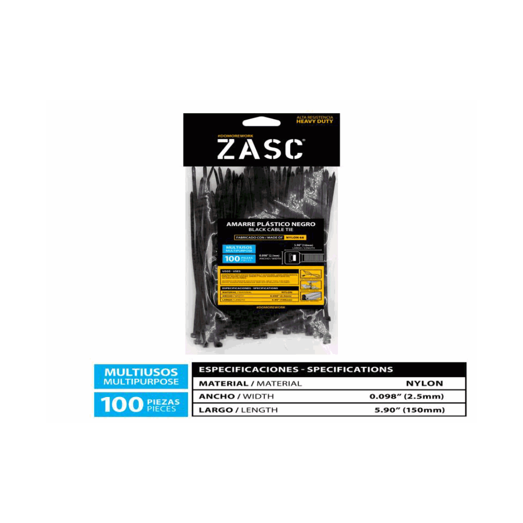 ZASC Black Nylon Cable Ties 5.90" (150mm) - 100 Pieces