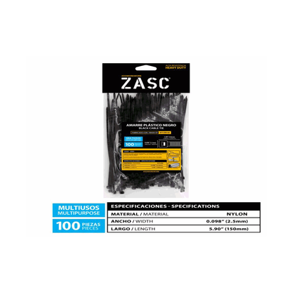 ZASC Black Nylon Cable Ties 5.90" (150mm) - 100 Pieces