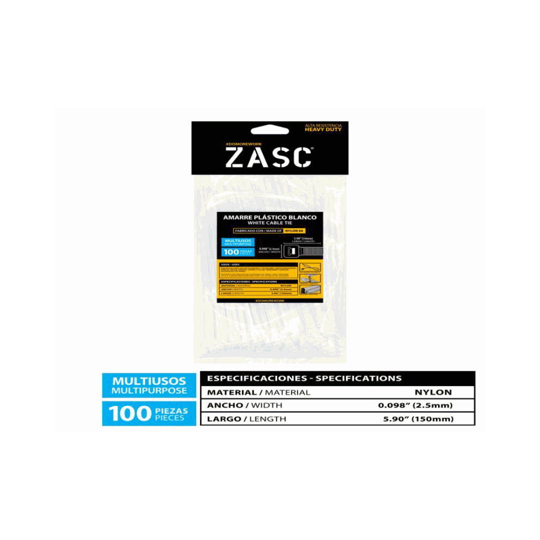 ZASC White Nylon Cable Ties 5.90" (150mm) - 100 Pieces