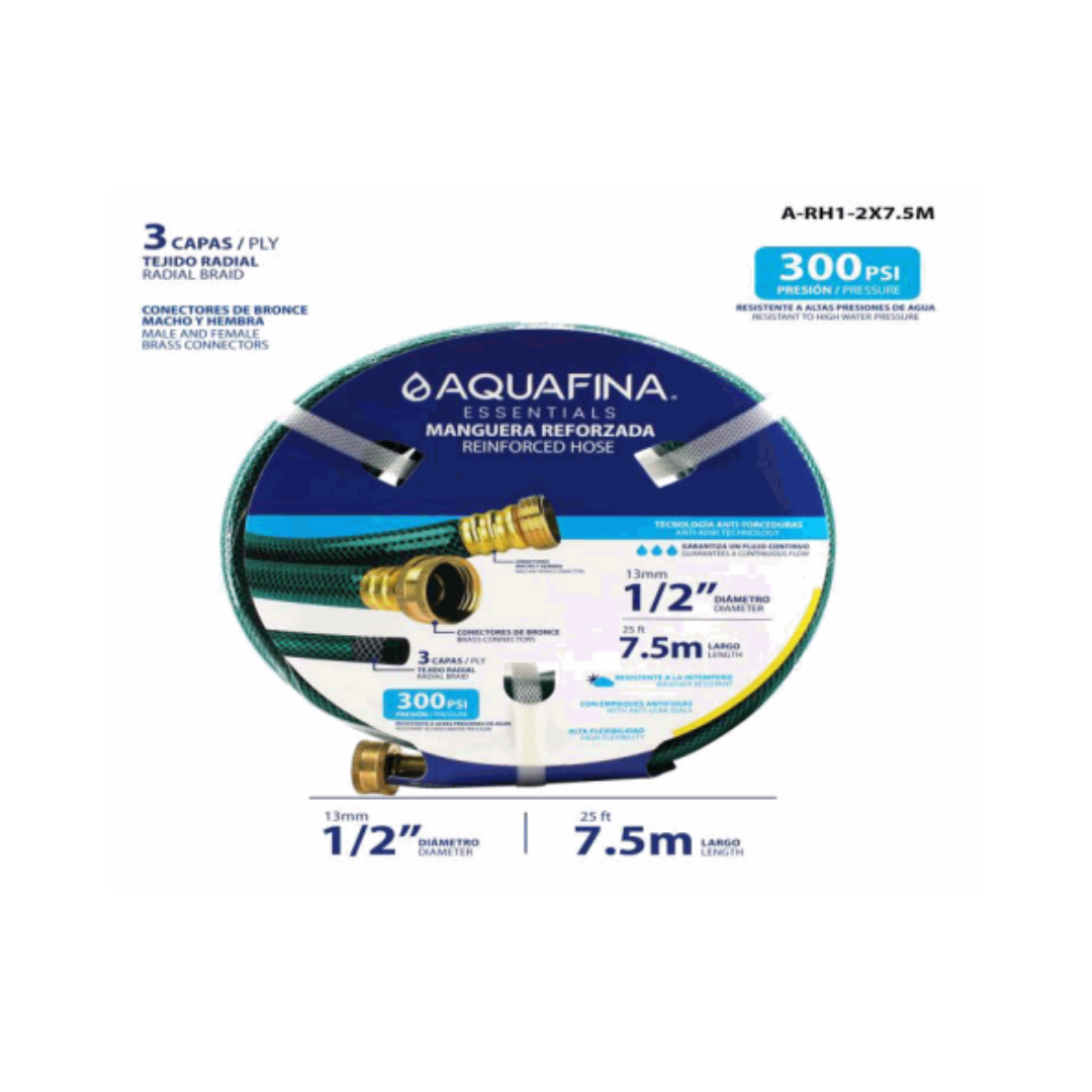 AQUAFINA Reinforced Hose 1/2" x 25ft – 300 PSI, Brass Connectors