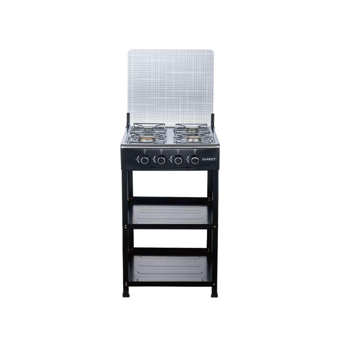 Sankey 20" Black Gas Stove with 4 Burners, Glass Lid & Dual Storage Shelves