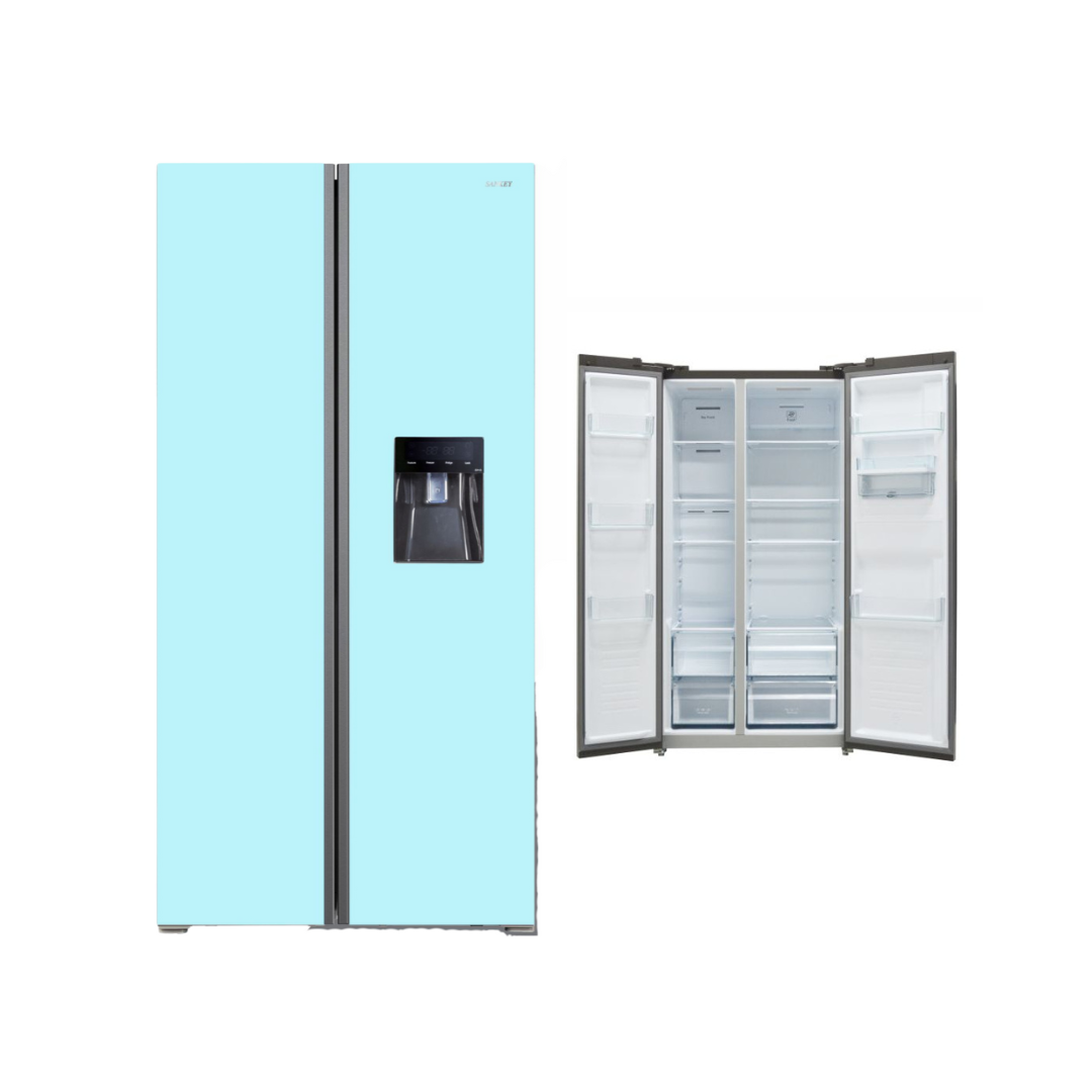 Sankey Side by Side Refrigerator with Water Dispenser, Inverter, Sky Blue Glass Doors, 537 Liters (18.9 cu ft)