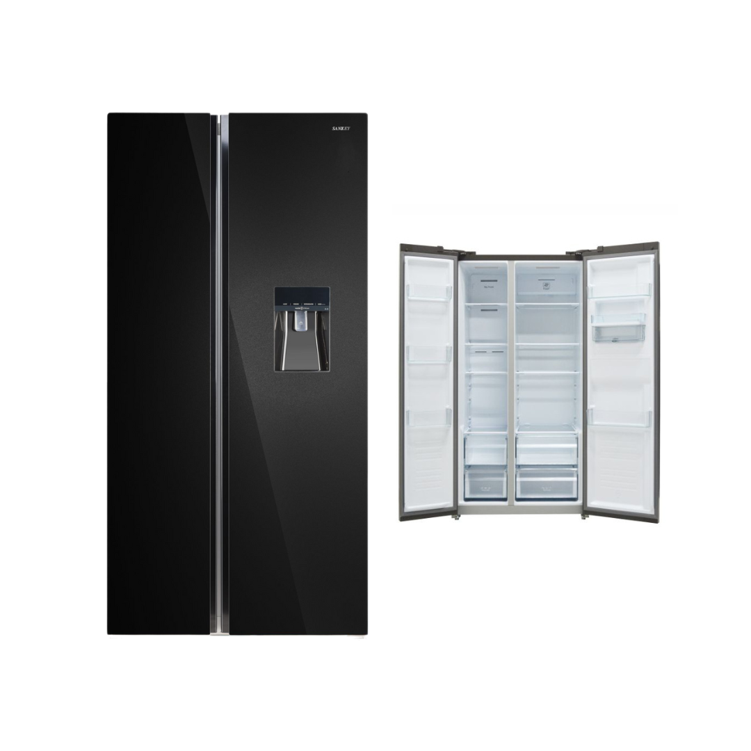Sankey 17.5 cu. ft. Side-by-Side Inverter Refrigerator with Water Dispenser & Black Glass Doors