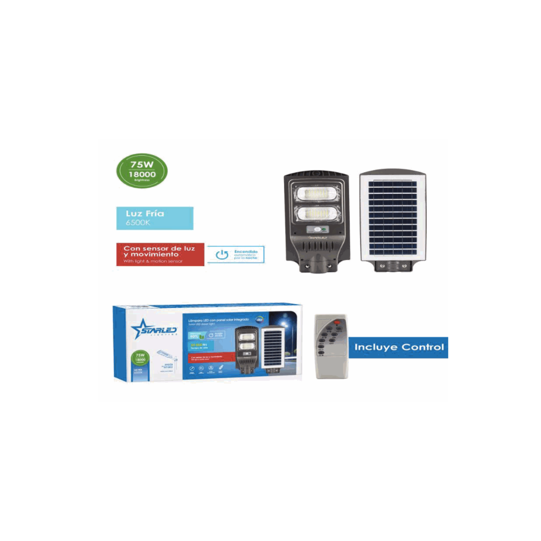 StarLED Solar LED Lamp 75W, Cold Light 6500K, 18,000 Lumens, Motion Sensor, Automatic Night Turn-On