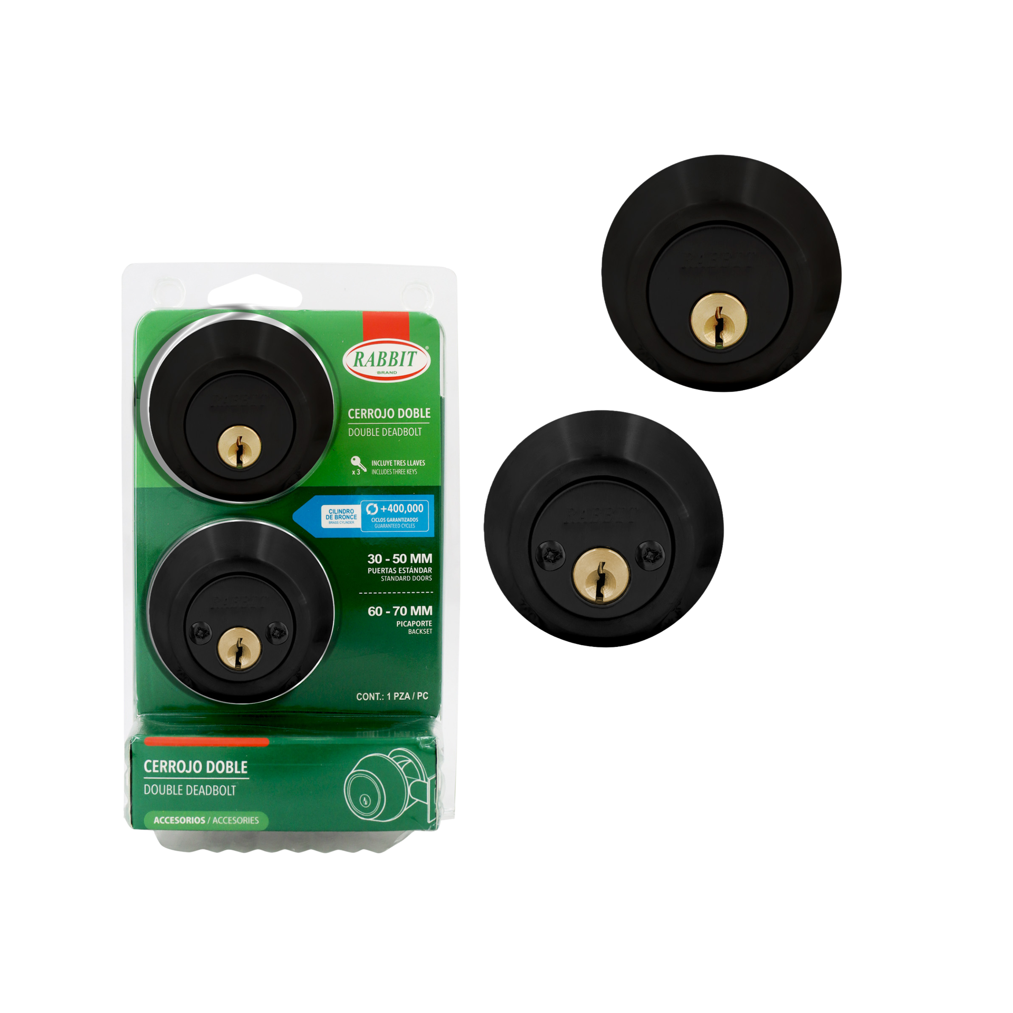 Cerrojo Doble Negro Mate 30–50 mm / 60-70 mm Rabbit / RB-102BK-BL