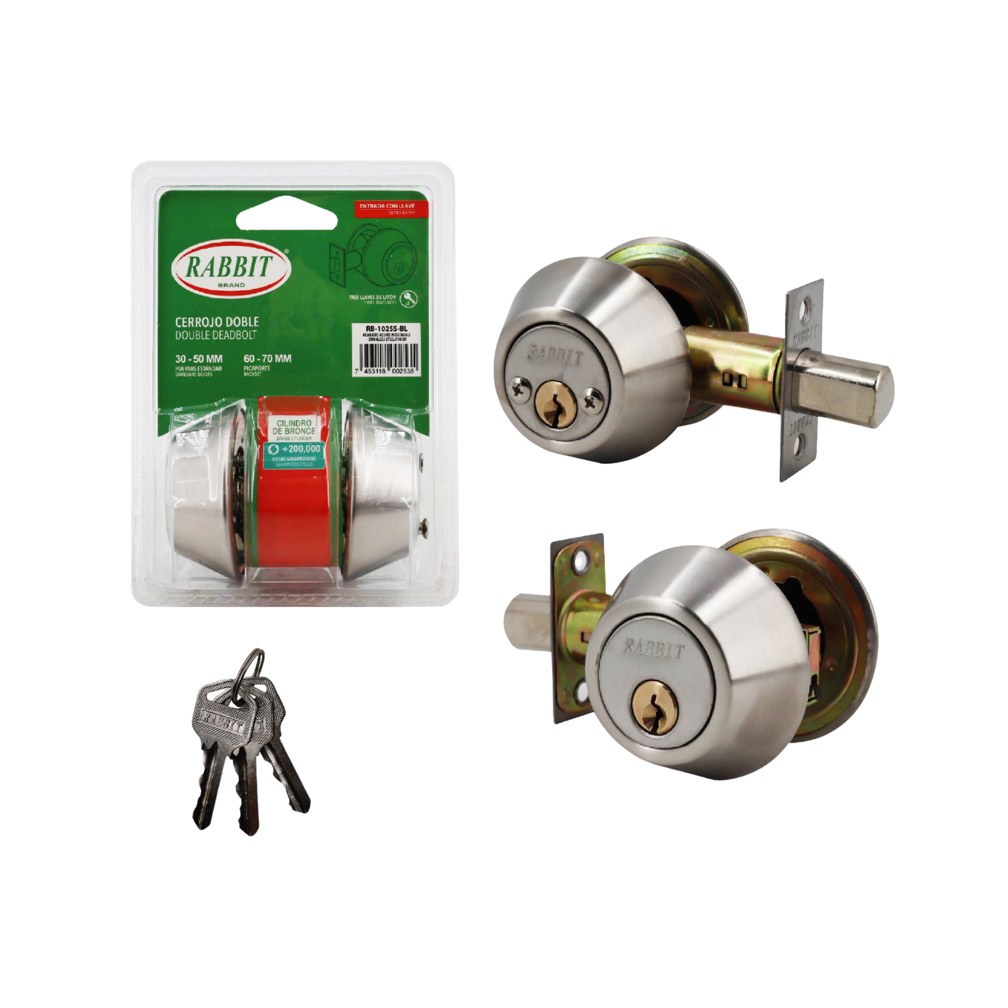 Cerrojo Doble Acero Inoxidable 30–50 mm / 60-70 mm Rabbit / RB-102SS-BL