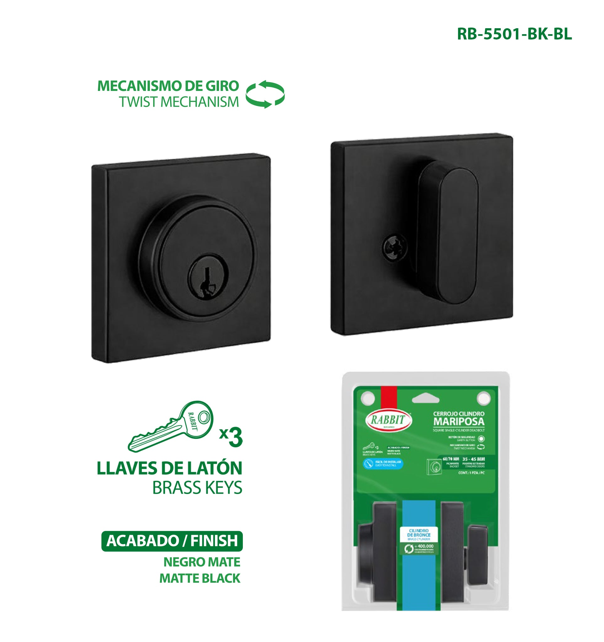 Cerrojo Cilindro Mariposa Negro Mate Rabbit / RB-5501-BK-BL