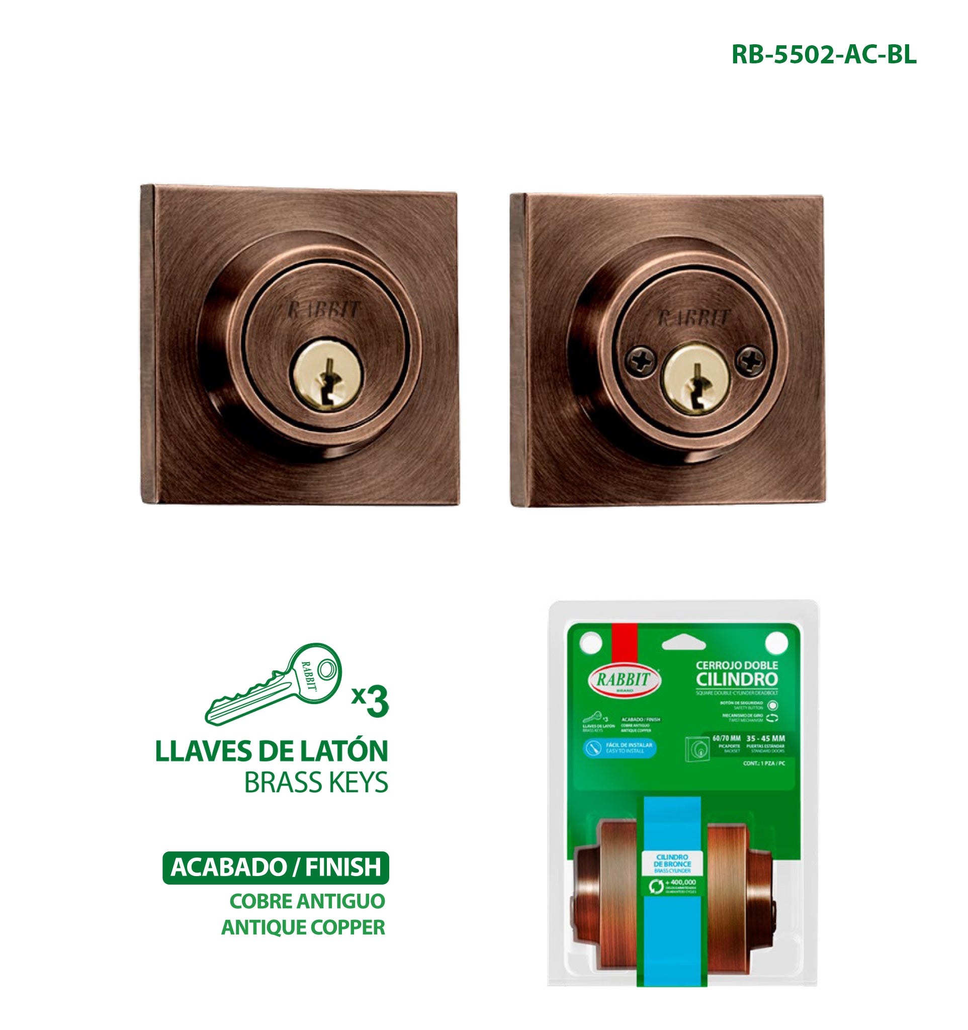 Cerrojo Doble Cilindro Cobre Antiguo Rabbit / RB-5502-AC-BL