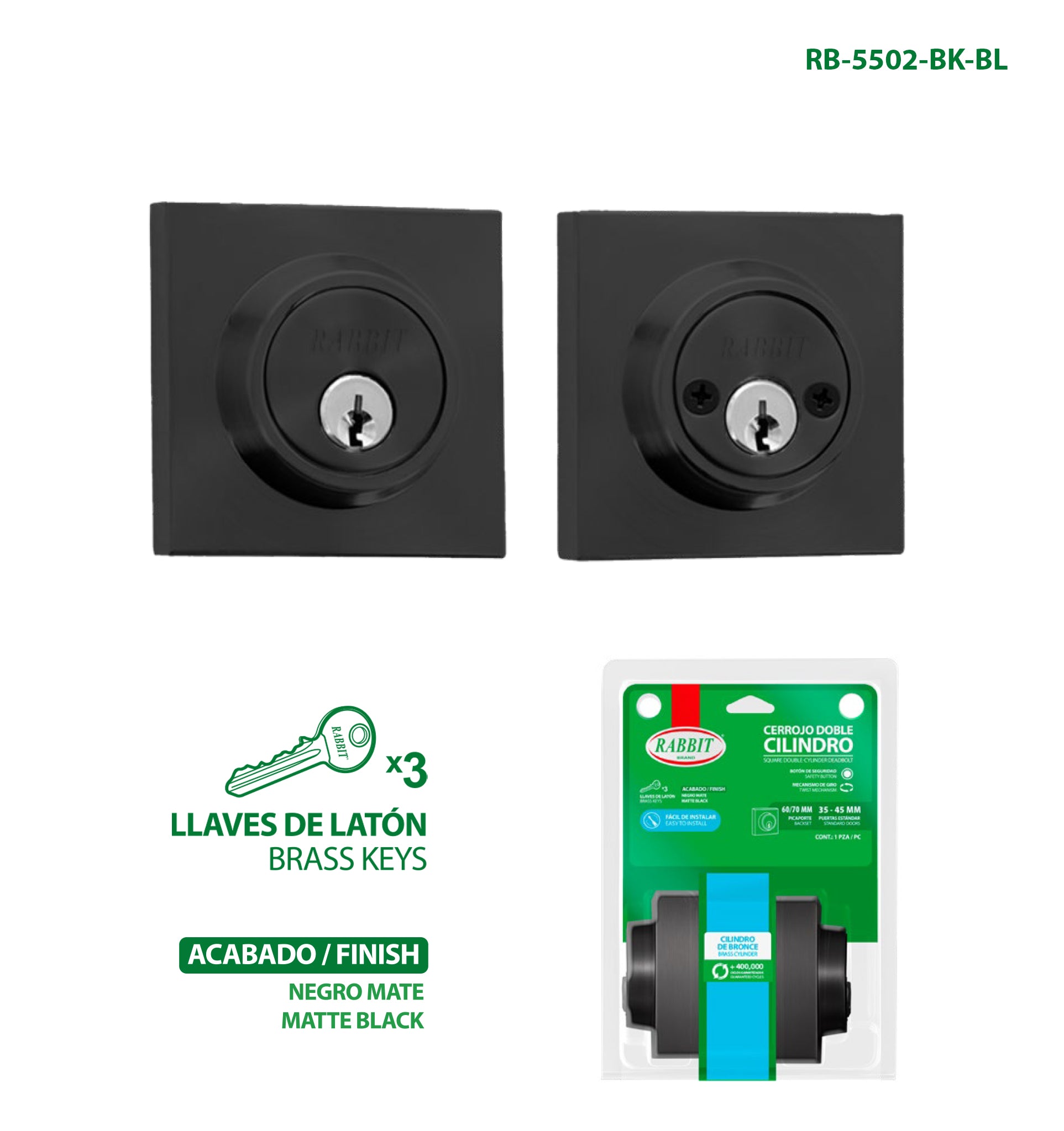 Cerrojo Doble Cilindro Negro Mate Rabbit / RB-5502-BK-BL
